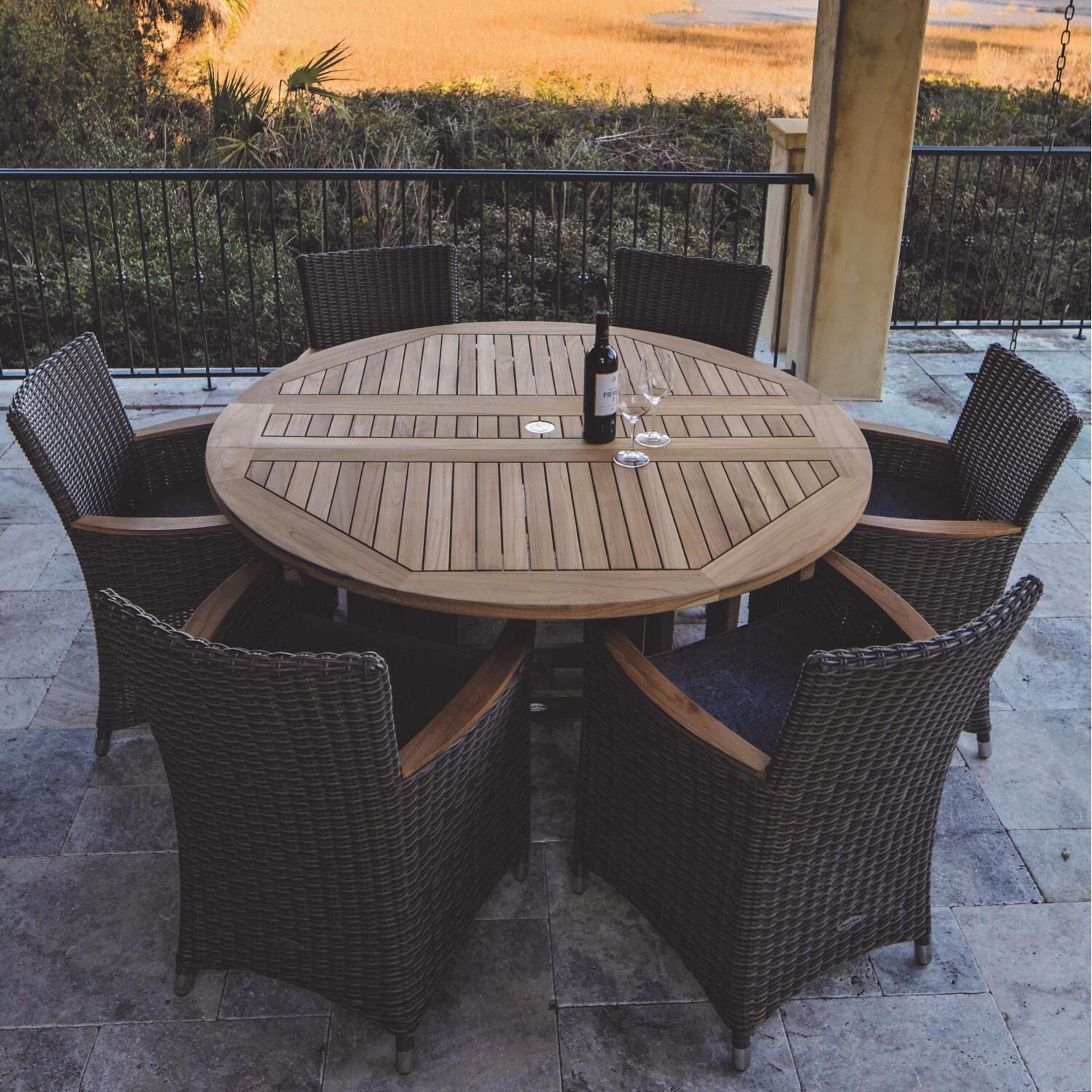 Helena 7 Piece Wicker Patio Dining Set W/ 60 Inch Round Drop Leaf Table By Royal Teak Collection - Gray Wicker