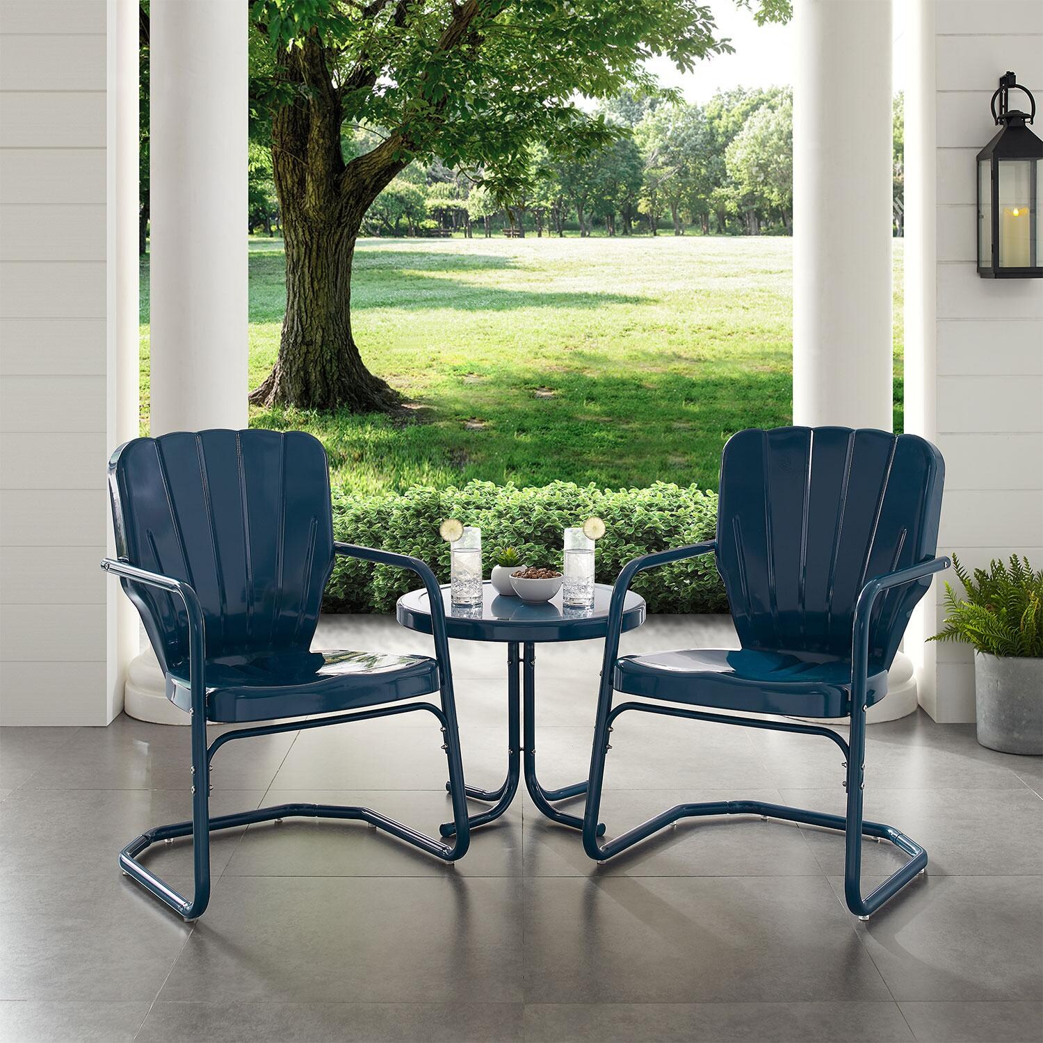Ultimate Patio UP-32245NV 3Pc Retro Outdoor Chair Set in Navy Blue - Angled On Patio - Lifestyle thumbnail