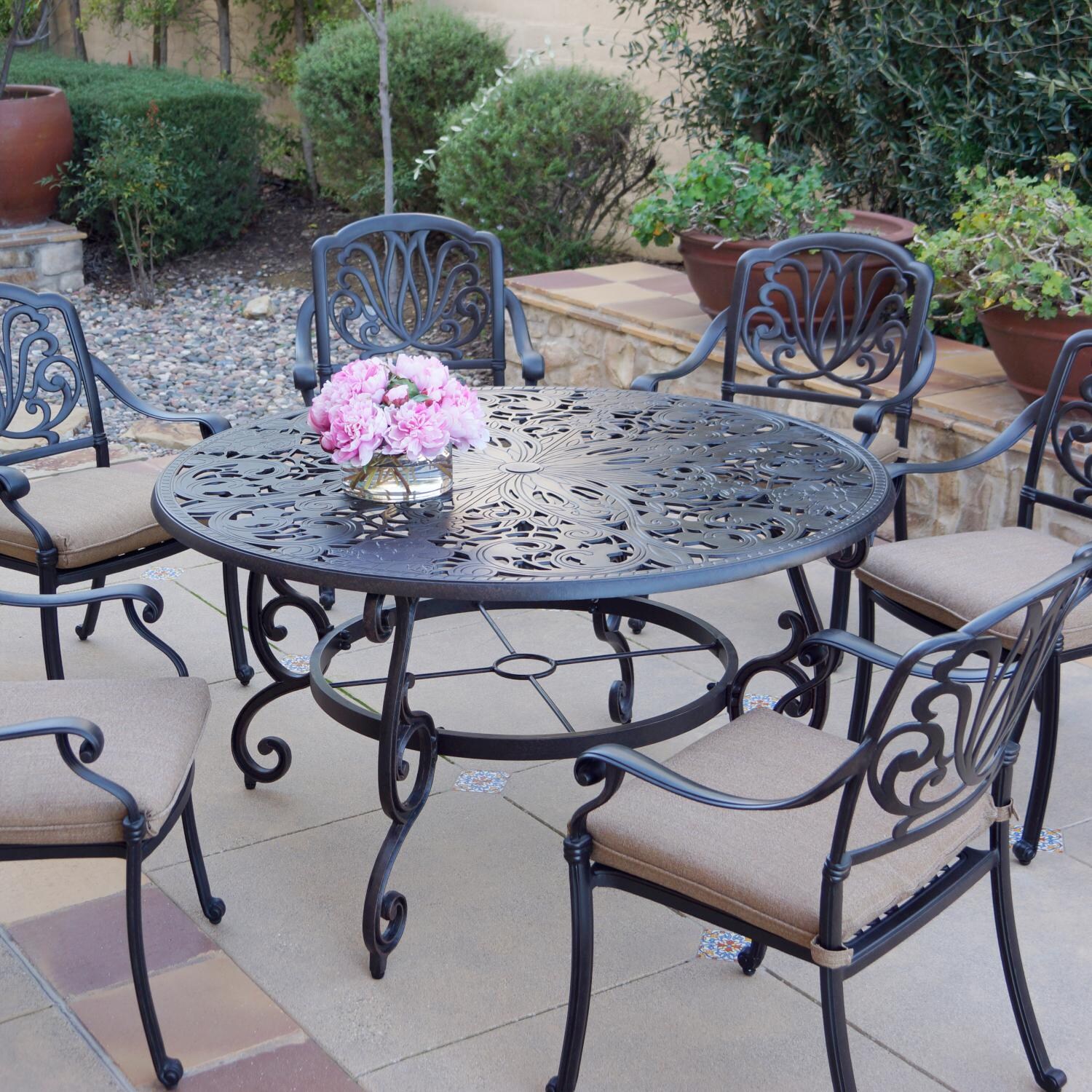 Elisabeth 7 Piece Cast Aluminum Patio Dining Set W/ 53 Inch Round Table