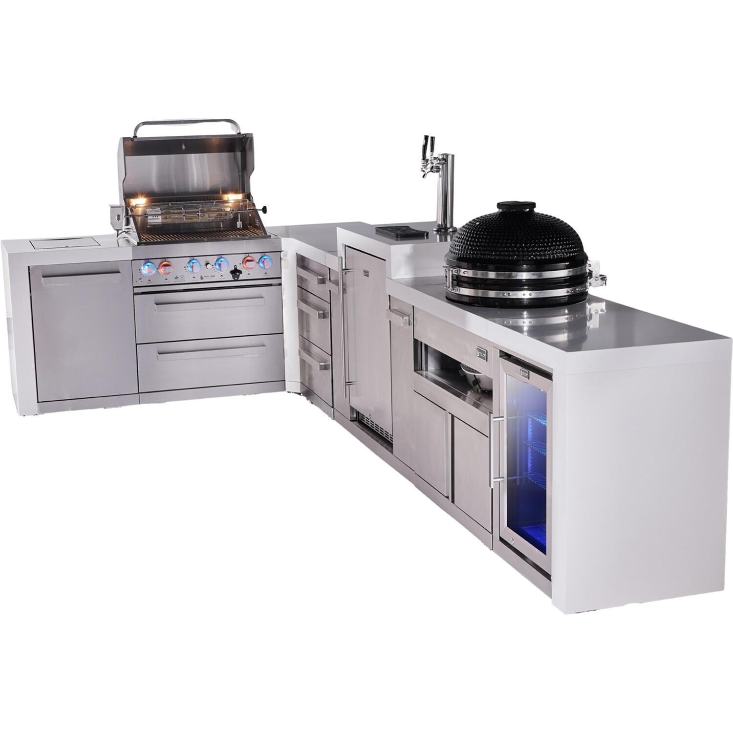 Mont Alpi Deluxe Series 13 Ft Propane Outdoor Kitchen Island w/ 32-in Grill, Side Burner, Kegerator, Fridge, Kamado Module & Triple Drawer - MAi400-D90KEGFCKAMDR - Grill Open - White Background thumbnail