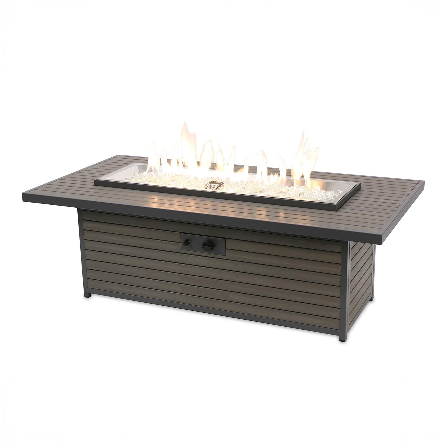 Revere 61-in Linear Natural Gas Fire Pit Table in Taupe by Lakeview Outdoor Designs (Ships Propane w/ Conversion Kit) - Lit - White Background thumbnail