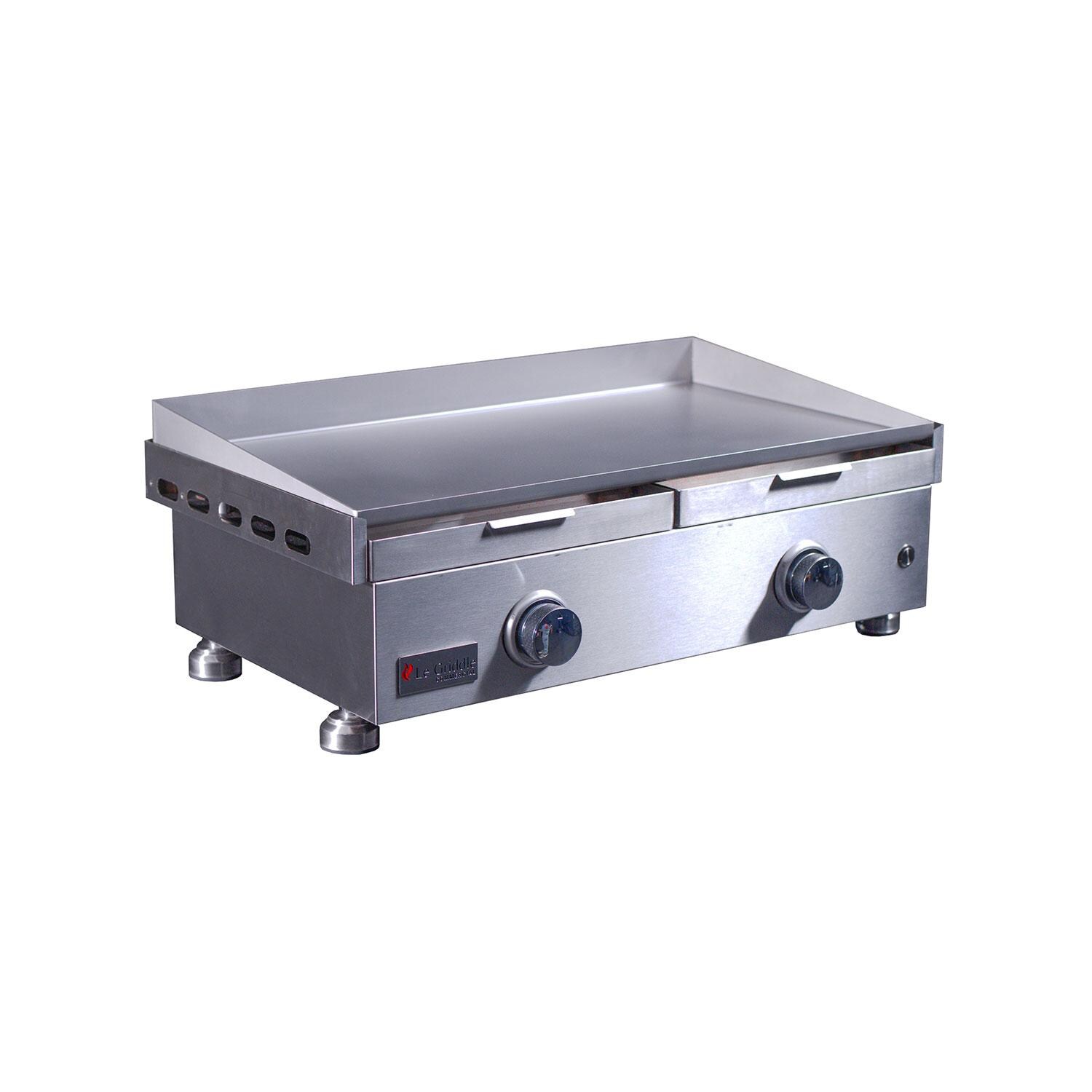 Le Griddle OML75P3 LP Pro Series 75 2 Burner Built-In Propane Flat Top Grill w/ 3mm Plate - Grease Disposal Drawers Inserted - Angled Right - White Background thumbnail