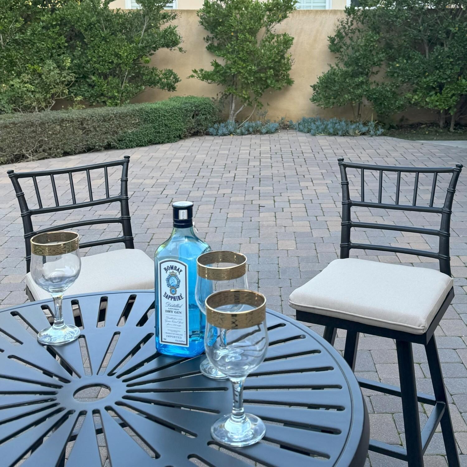 Bella 5 Pc Aluminum Swivel Bar Height Bar Set in Beige/Dark Brown by Darlee - Chairs Front View - Lifestyle thumbnail