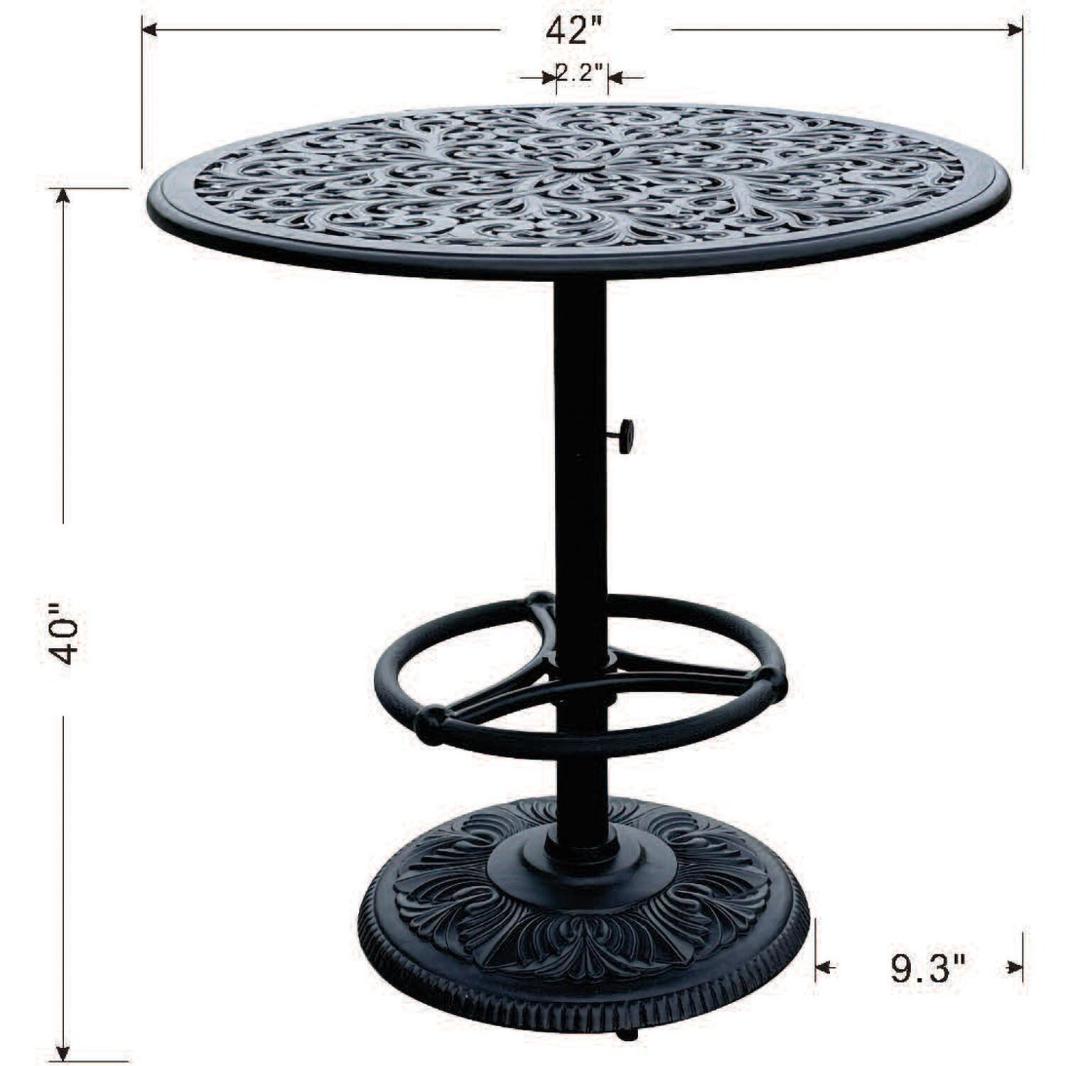 Darlee Elisabeth 5-Pc Cast Aluminum Bar Set w/ 42-Inch Round Table in Antique Bronze/Beige Canvas - Dimensions - Dimensional thumbnail