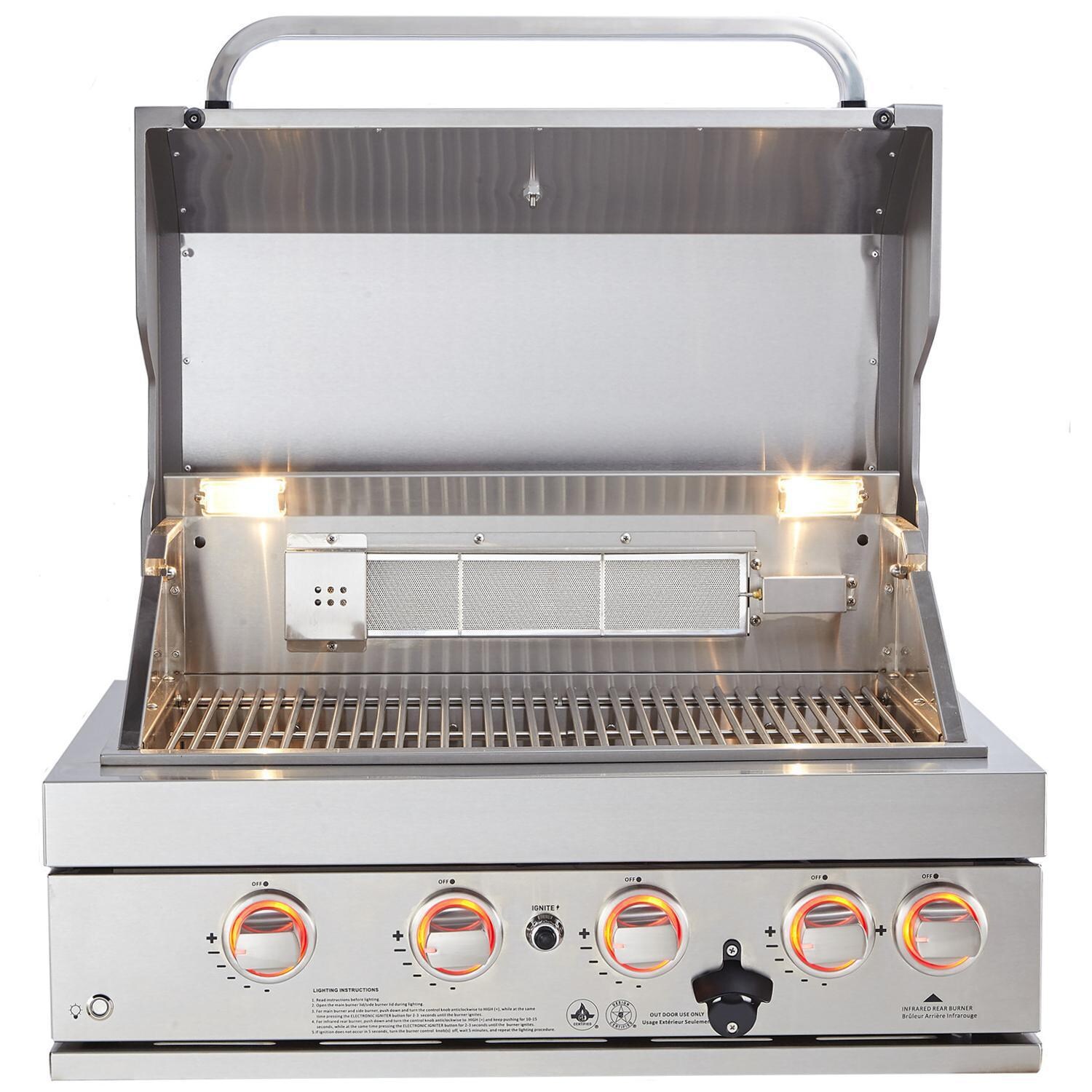 Mont Alpi - MABi400 - 32-Inch Built-In Gas Grill - Open / Knobs Turn Red to Show Burner In Use - White Background thumbnail
