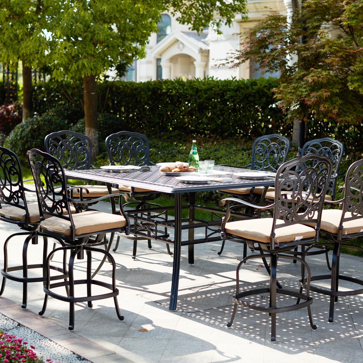 Darlee Florence 9 Piece Cast Aluminum Patio Counter Height Bar Set W/ 60 Inch Square Table & Sesame Cushions image