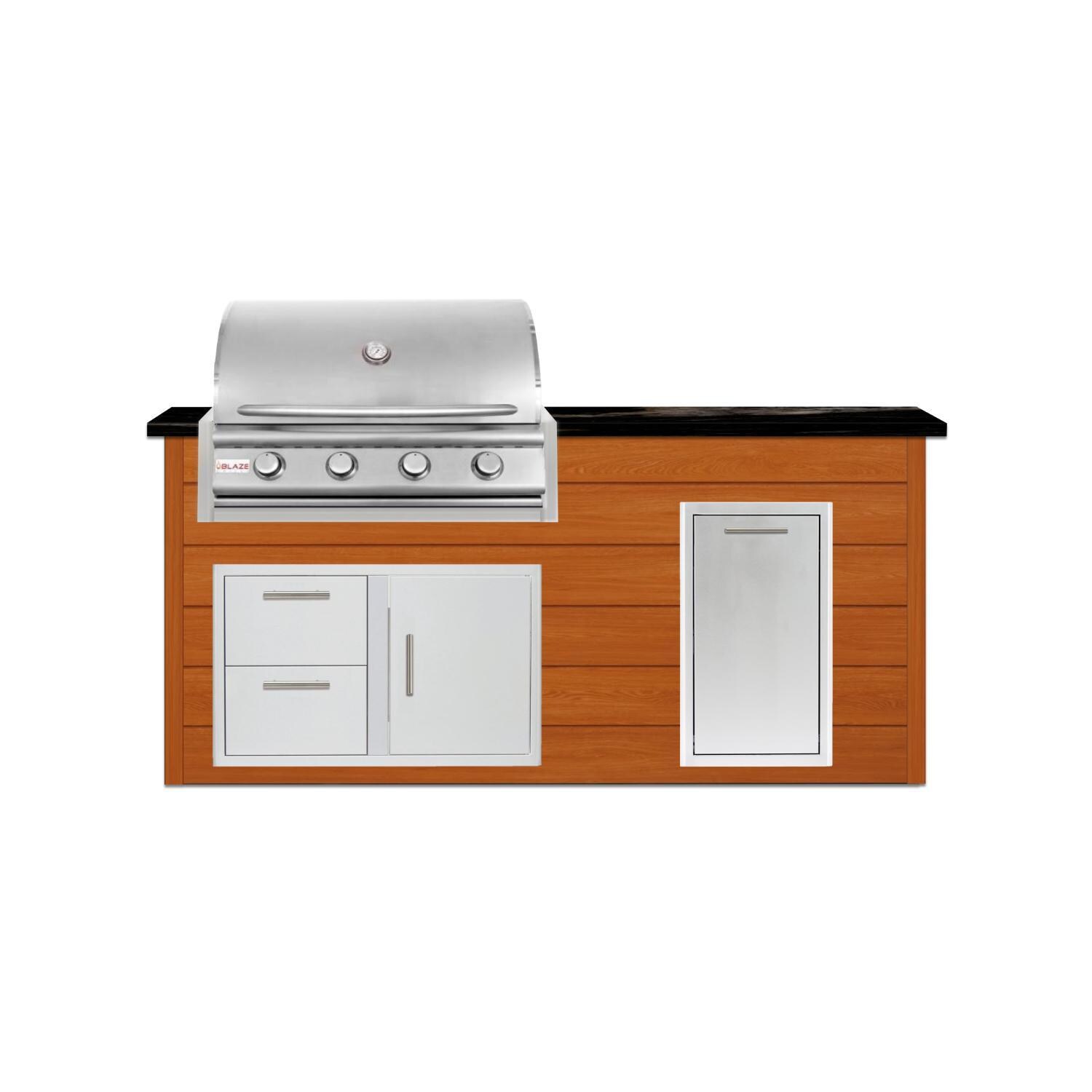 BBQGuys Signature 6 Ft Outdoor Kitchen Island w/ 32 Inch Propane Blaze LBM Grill & Narrow Trash Bin | Chai Cedar w/ Nero Mist Granite