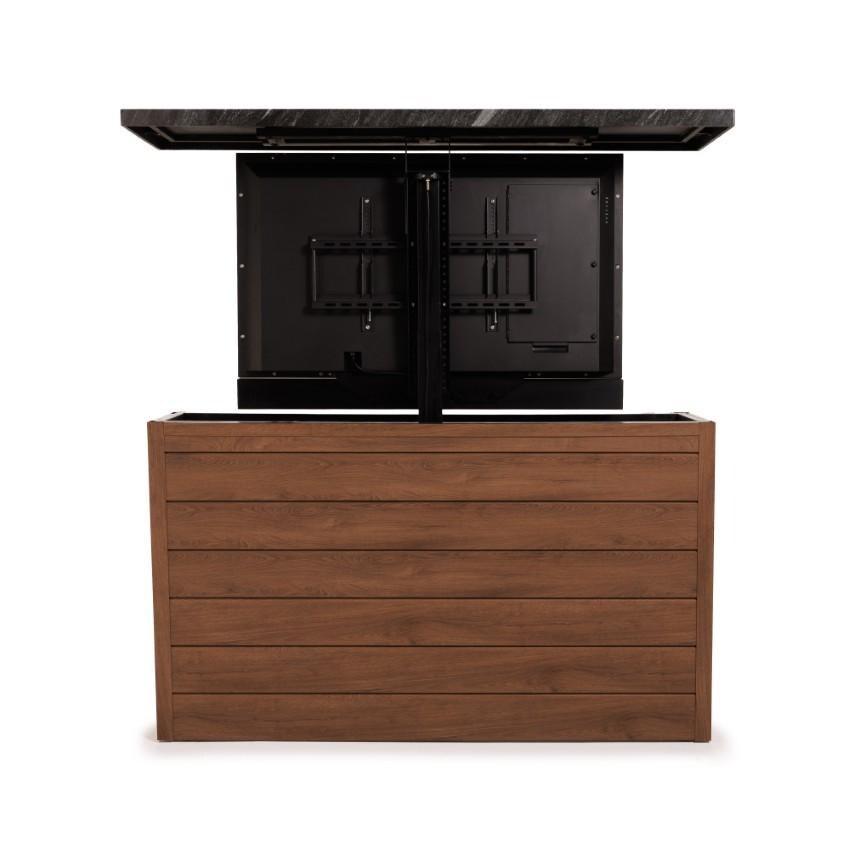 BBQGuys Signature 72 Inch 360 Degree Swivel Outdoor TV Lift Cabinet | Toffee w/ Black Granite - Shown From Back w/ TV (Not Included) - White Background thumbnail