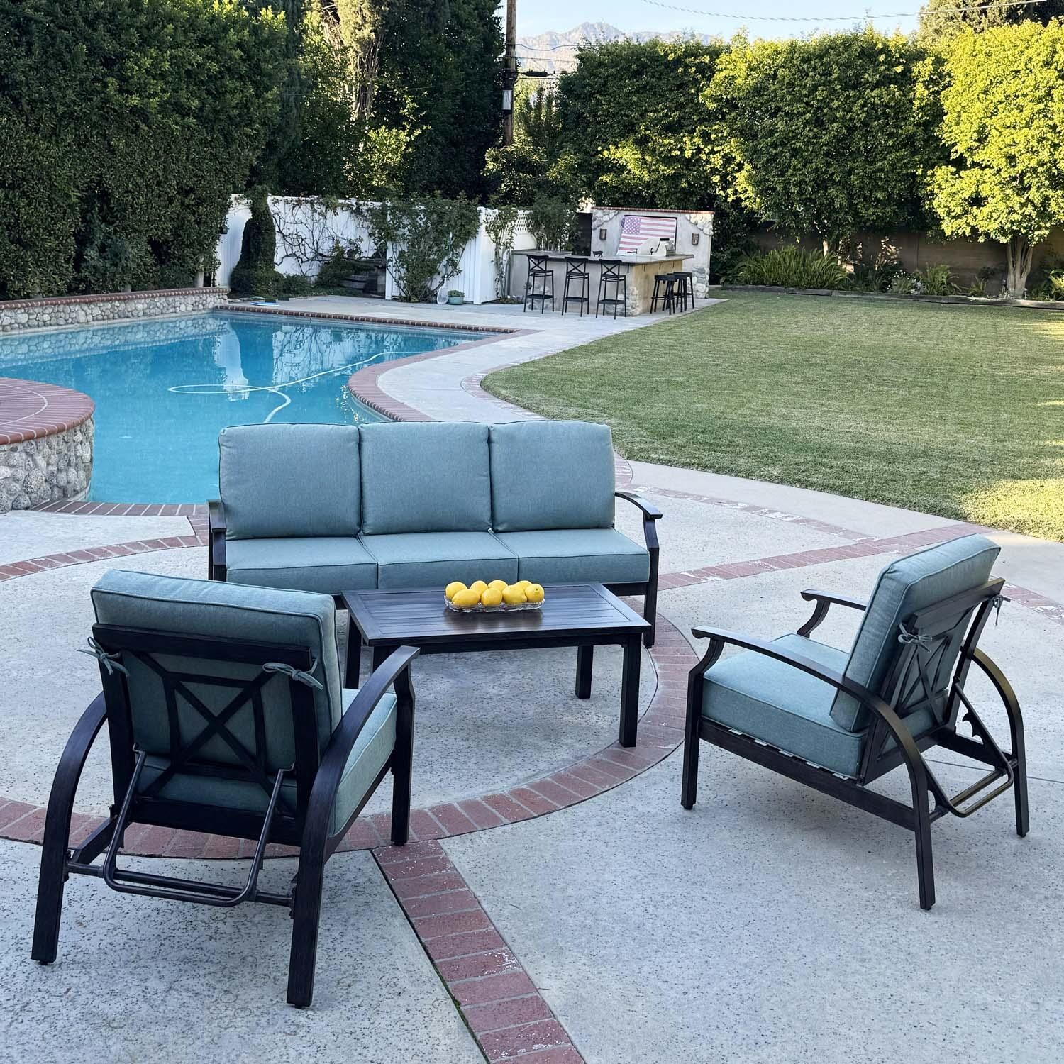 Atlantis 4 Pc Aluminum Seating Set w/ Rectangular Coffee Table in Walnut/Spa by Darlee - Lifestyle thumbnail