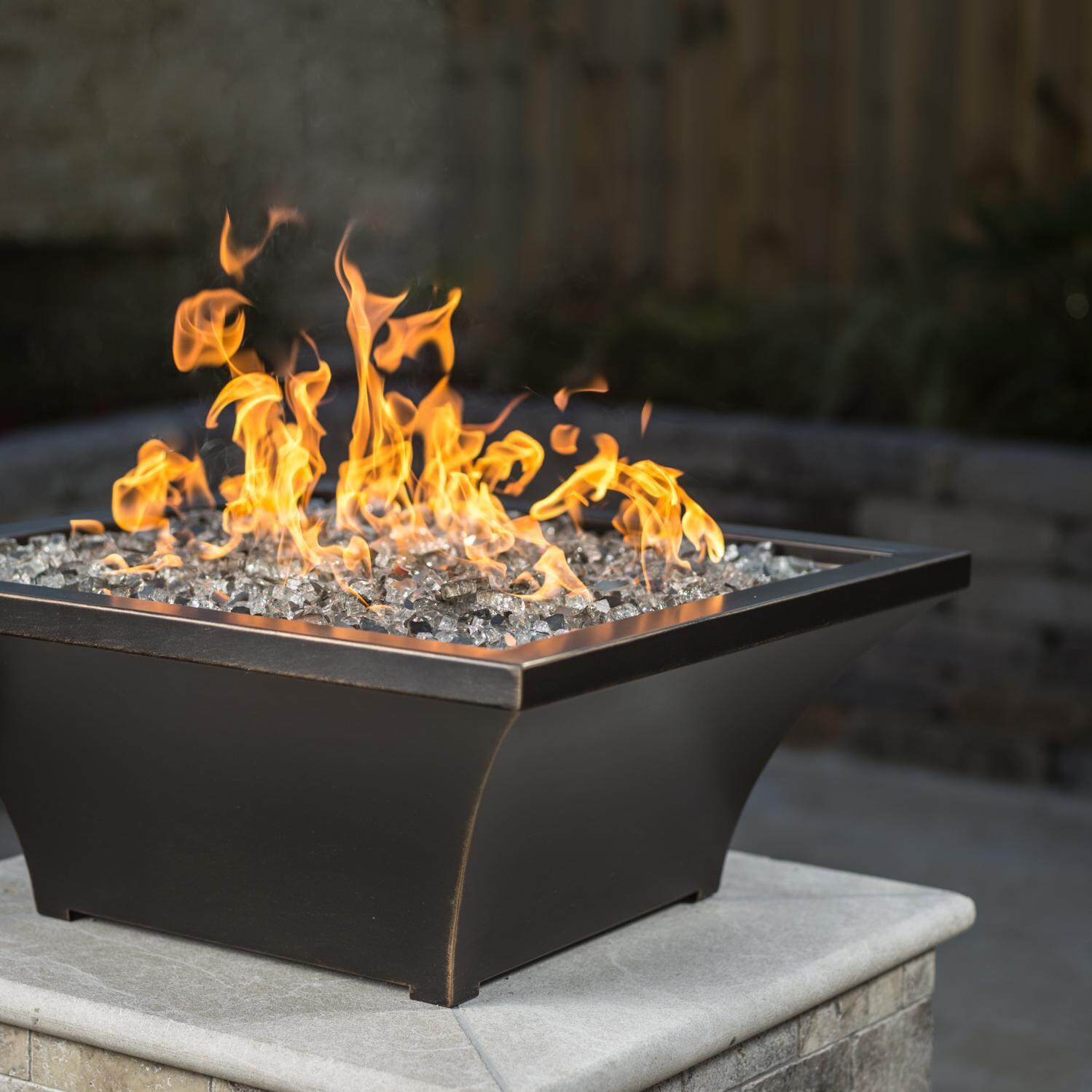 BBQGuys Signature Series Lavelle 24-Inch Square High-Rise Propane Fire Bowl - Oil Rubbed Bronze - Side View - Shown with 1/2 inch Diamond Clear Reflective Fire Glass (Sold Separately) thumbnail