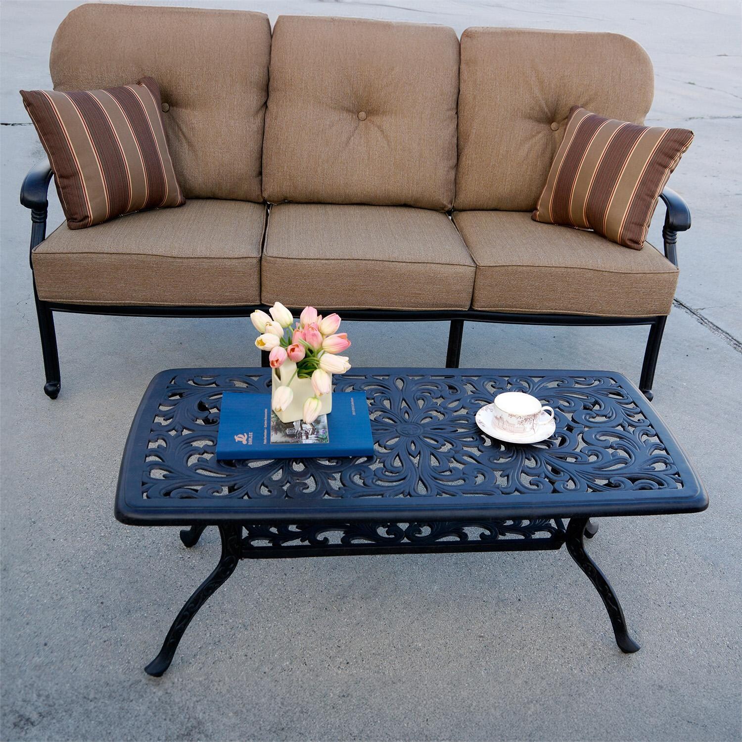 Darlee Santa Monica 4-Piece Patio Sofa Conversation Set (with 2 Swivel Rocker Club Chairs) with Cushions and Series 80 21 X 42 Inch Rectangular Coffee Table - Coffee Table - Lifestyle thumbnail