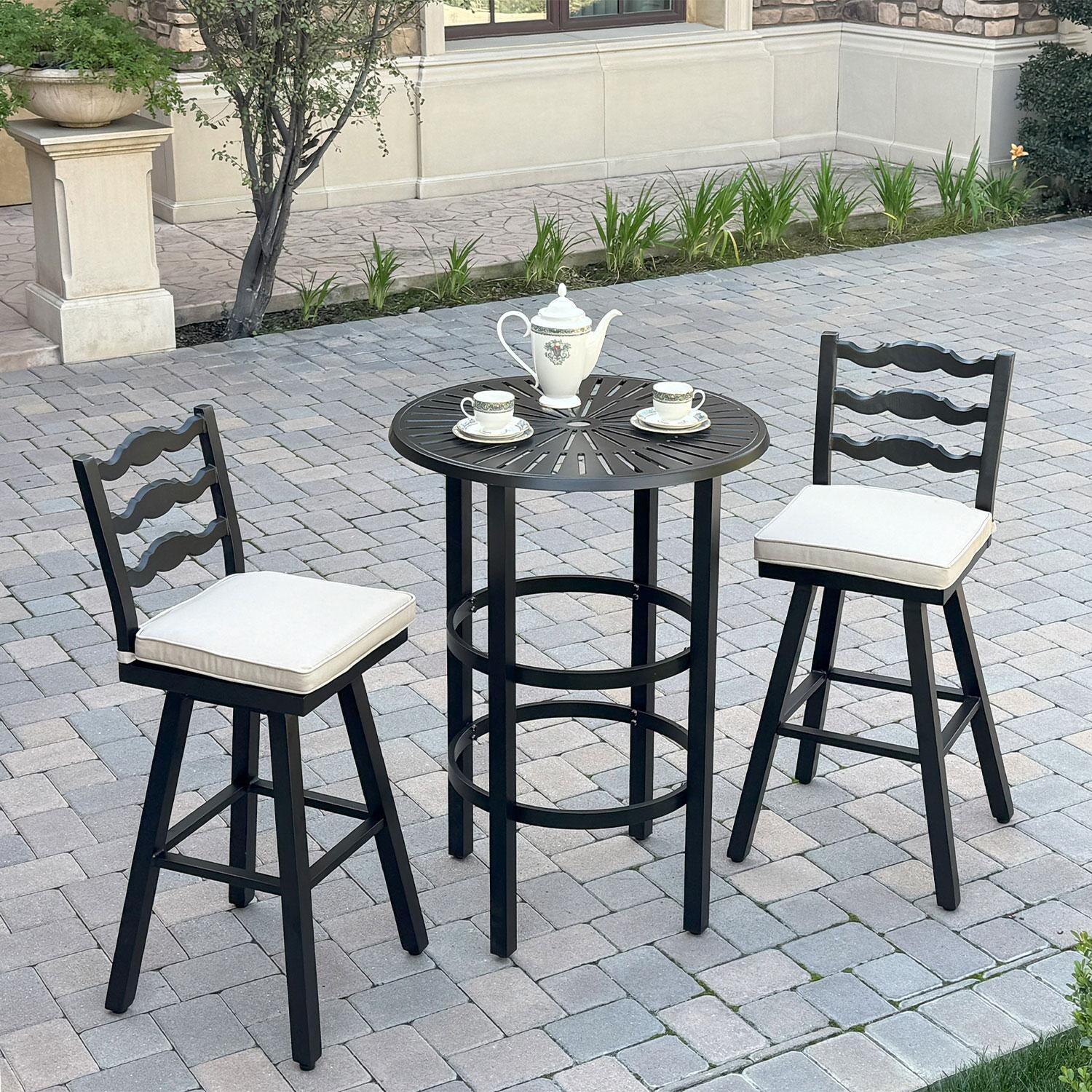 Aspen Aluminum 3 Pc Patio Bar Set w/ 30-in Round Bar Table in Beige by Darlee - Patio - Lifestyle thumbnail