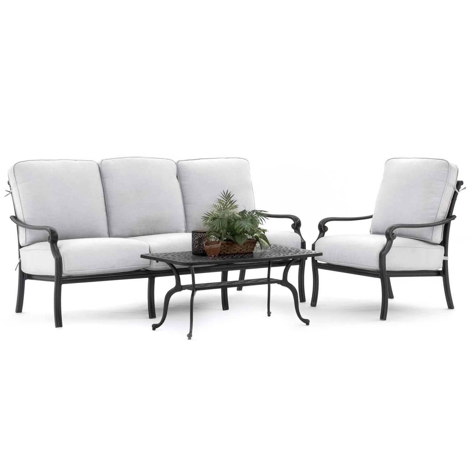 Du Monde 3 Piece Cast Aluminum Outdoor Conversation Set W/ 42 X 21 Inch Coffee Table, Sofa & Cast Silver Cushions thumbnail