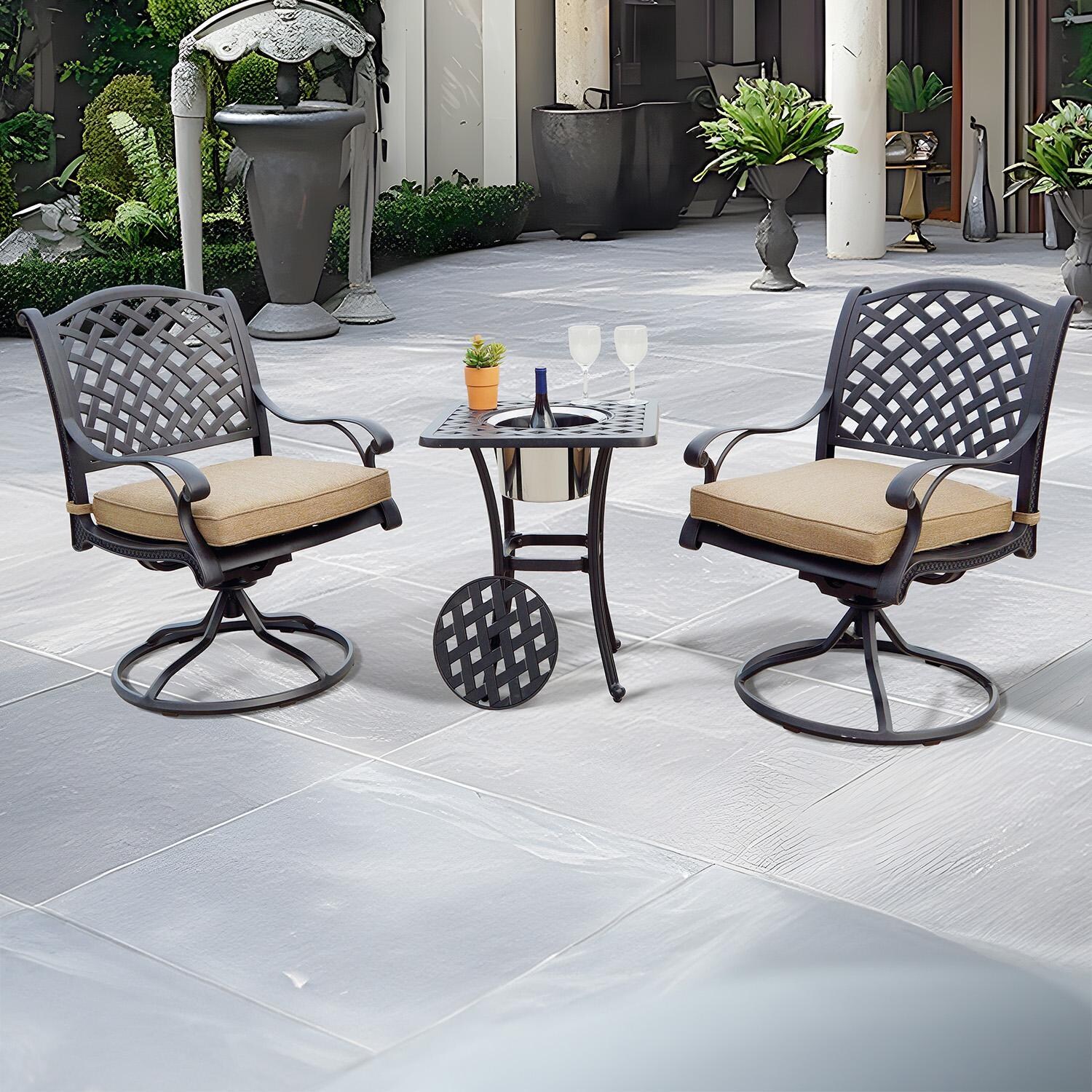 Darlee Nassau 3-Piece Patio Conversation Set with Sesame Cushions and 21 Inch Square Ice Bucket End Table - Set - White Background thumbnail