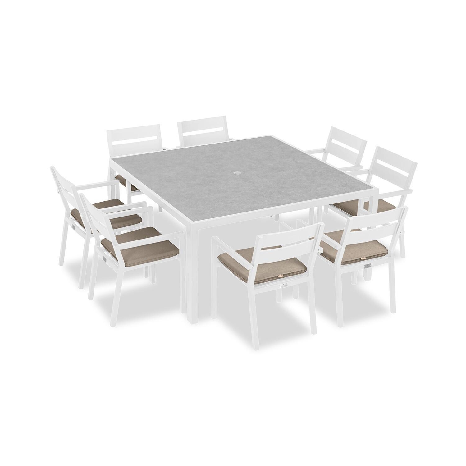 Calm Bay 9 Pc Square Aluminum Dining Set in White/Heather Beige by Lakeview Outdoor Designs