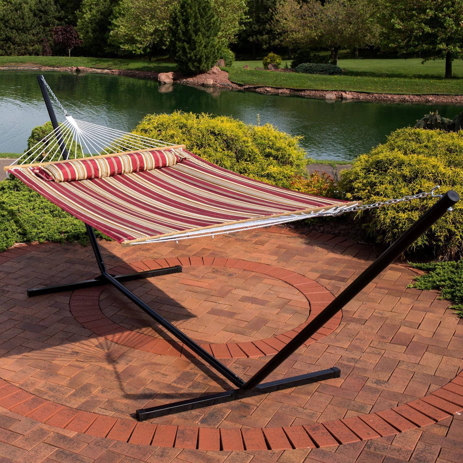 Ultimate Patio Quilted Double Hammock w/ Heavy-Duty Stand & Pillow - Red Stripe - Lifestyle thumbnail