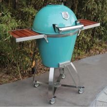 Caliber Pro Stainless Steel Kamado Grill On Stainless Steel Cart With Wood Inserts - Turquoise image
