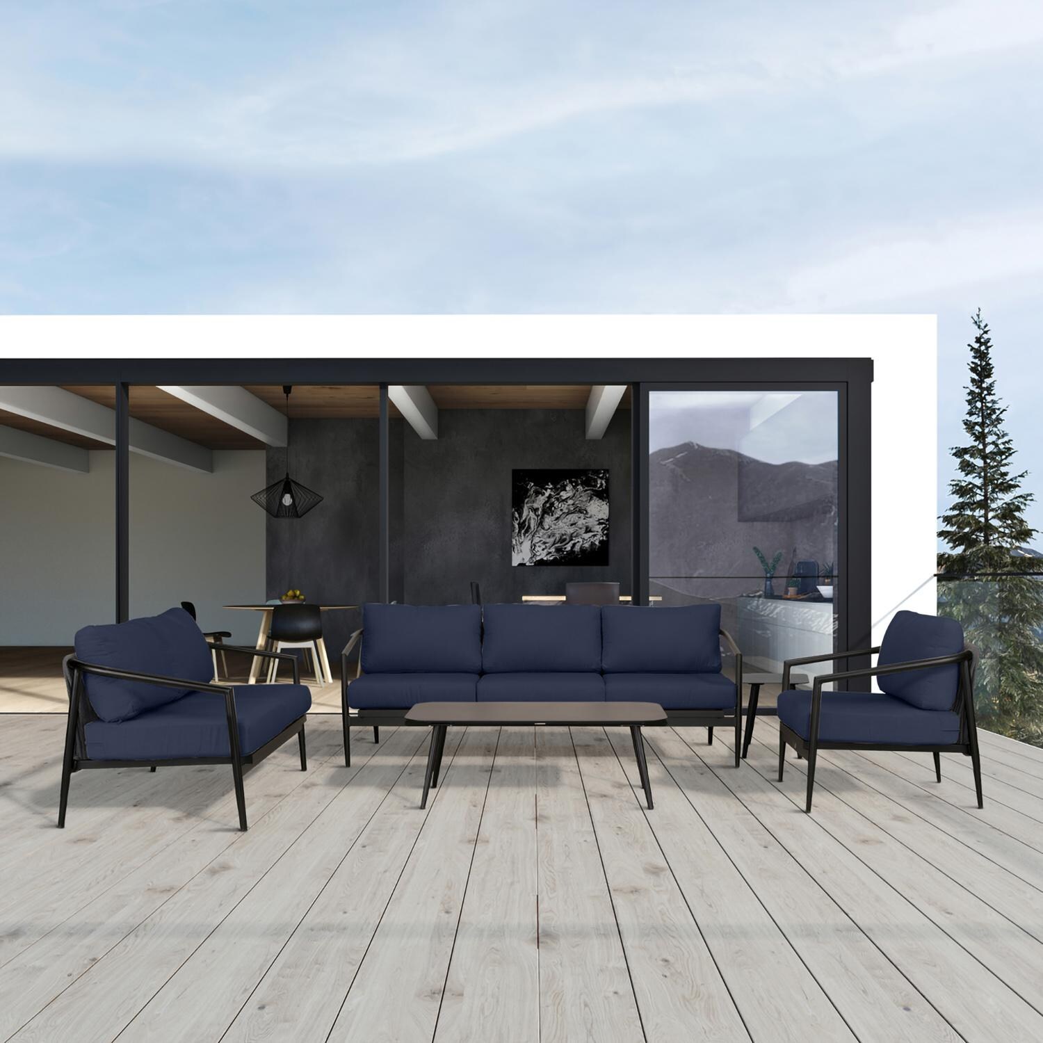 Midnight Cove 5 Pc Aluminum Seating Set w/ Sofa in Black/Spectrum Indigo by Lakeview Outdoor Designs
