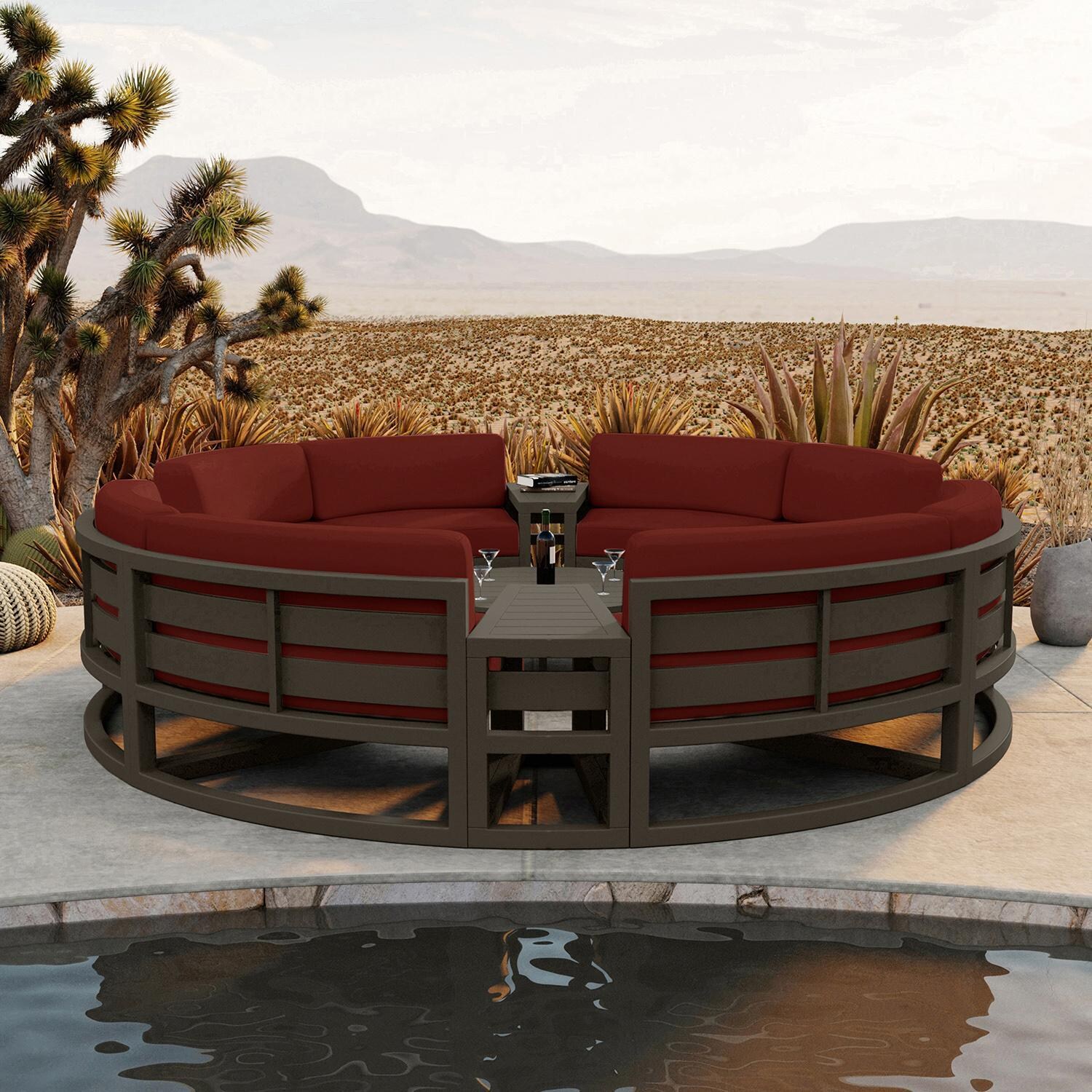 Misty Cove 7 Pc Aluminum Seating Set - Curved Sectional in Slate/Canvas Henna by Lakeview Outdoor Designs