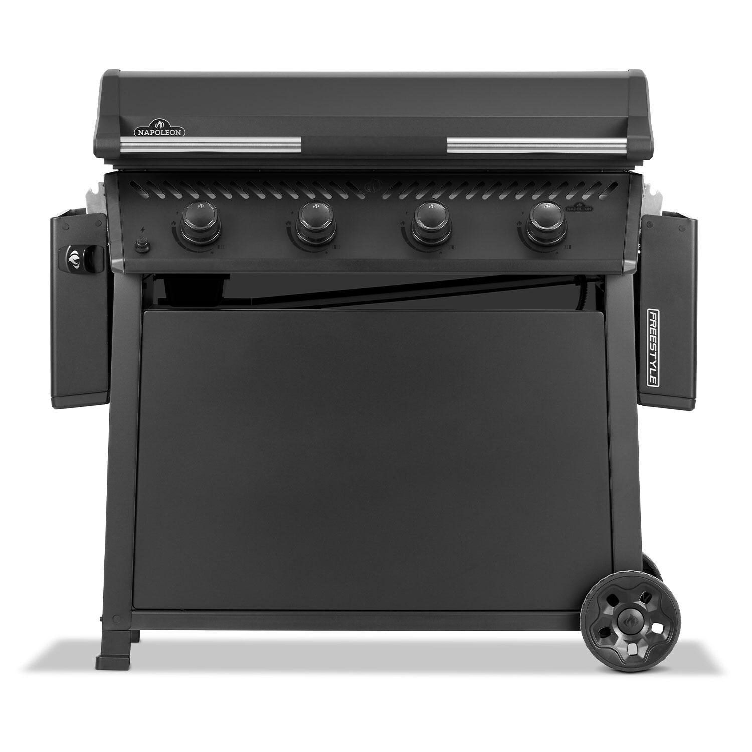 Napoleon F36FTNMK Freestyle 36-in 4 Burner Natural Gas Flat Top Grill w/ Cooktop - Lid Down w/ Side Shelves Folded - Front View - White Background thumbnail