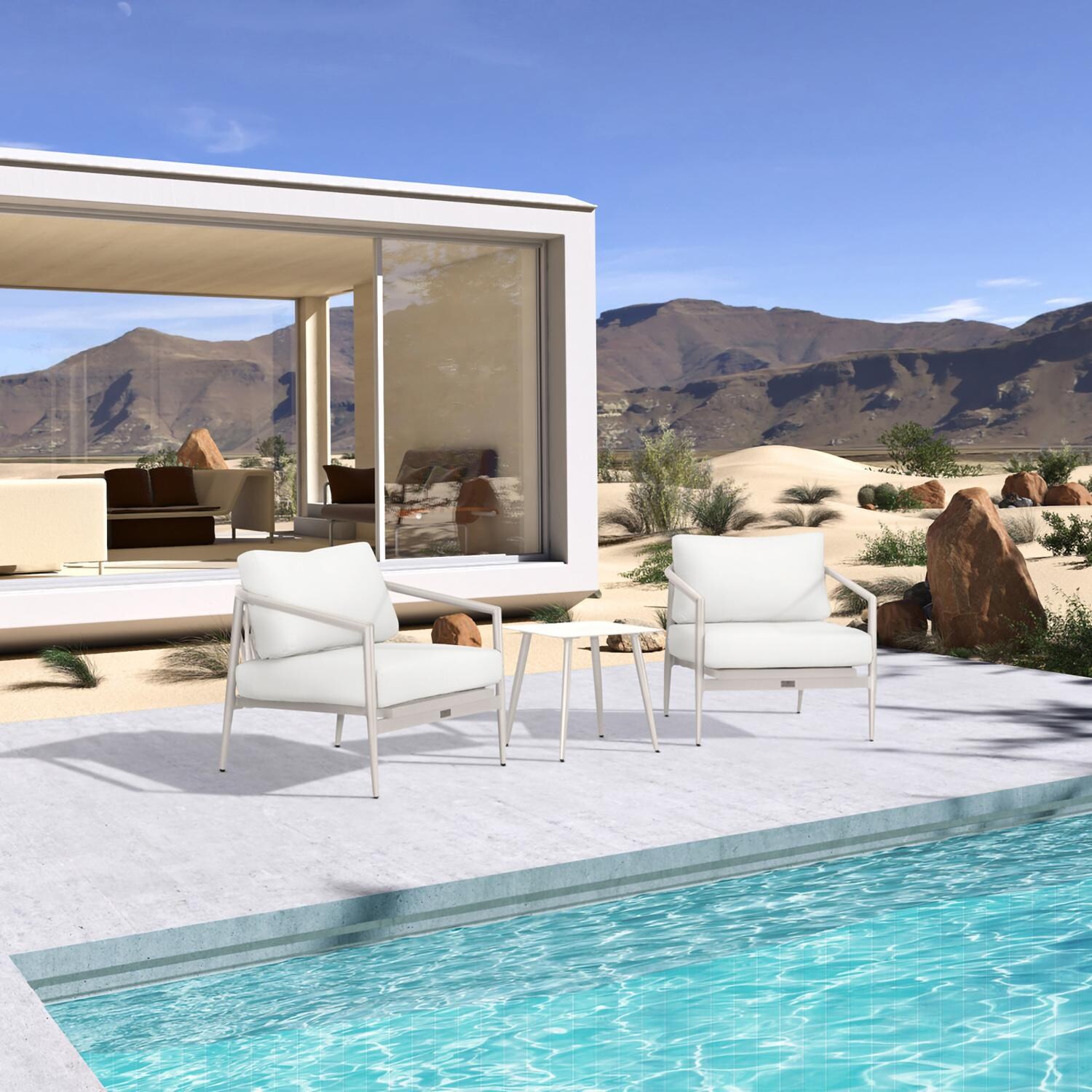 Lakeview Midnight Cove 3 Pc Aluminum Club Chair Seating Set in Urban Stone/Carrera/Canvas Natural - Angled - Lifestyle thumbnail