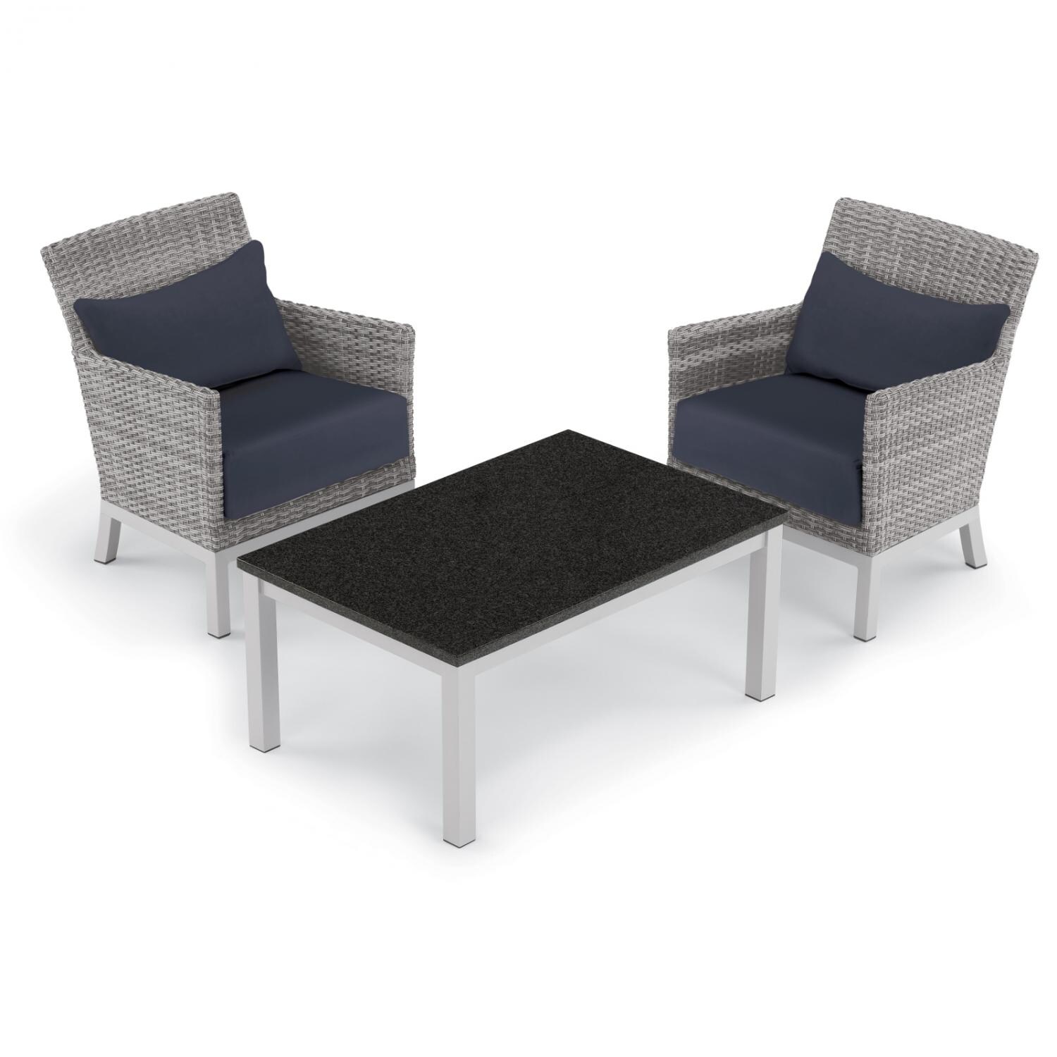 Argento 3 Piece Wicker Patio Conversation Set W/ Lite-Core Charcoal Coffee Table, Midnight Blue Cushions & Lumbar Pillows By Oxford Garden
