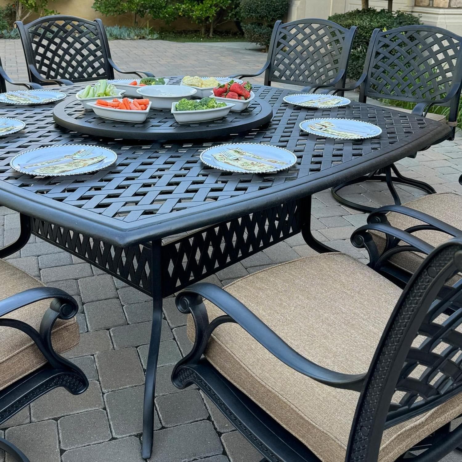Darlee B/DL13-10PCAR-30W3930-S Nassau 10 Pc Cast Aluminum Dining Set in Antique Bronze w/ Beige Canvas Cushions - Table Angle - Lifestyle thumbnail