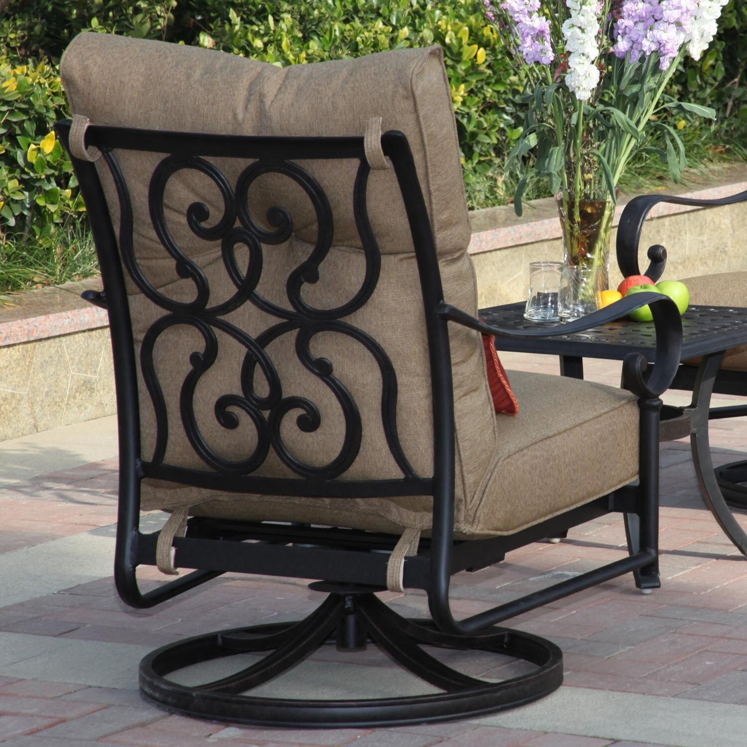 Santa Anita 7 Pc Cast Aluminum Patio Fire Pit Conversation Set w/ Sesame Sunbrella Cushions by Darlee - Swivel Rocker Club Chair - Rear View - Detail thumbnail