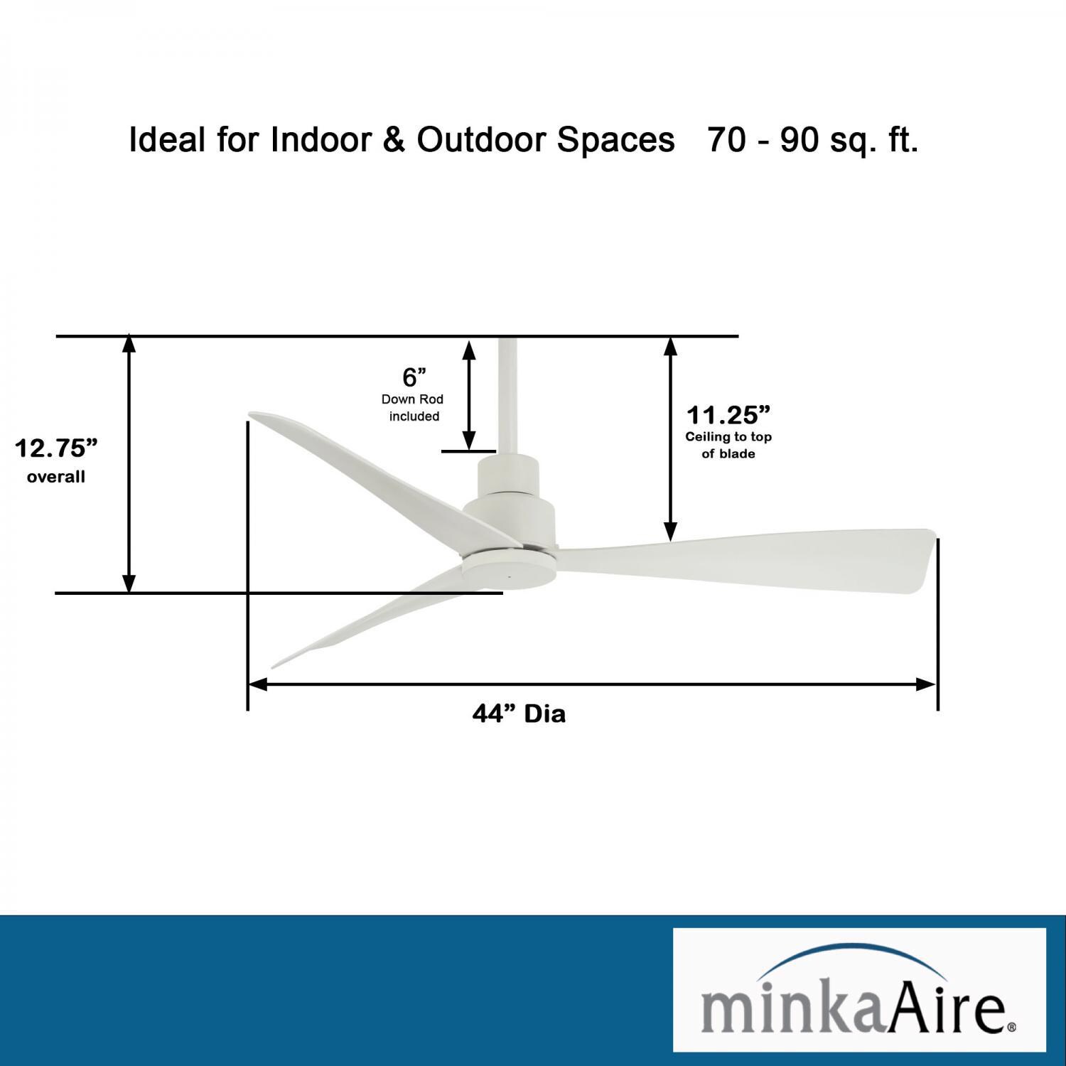 Minka-Aire F786-WHF Simple 44-Inch 3-Blade Ceiling Fan in Flat White Finish w/ Flat White Blades - Dimensions thumbnail