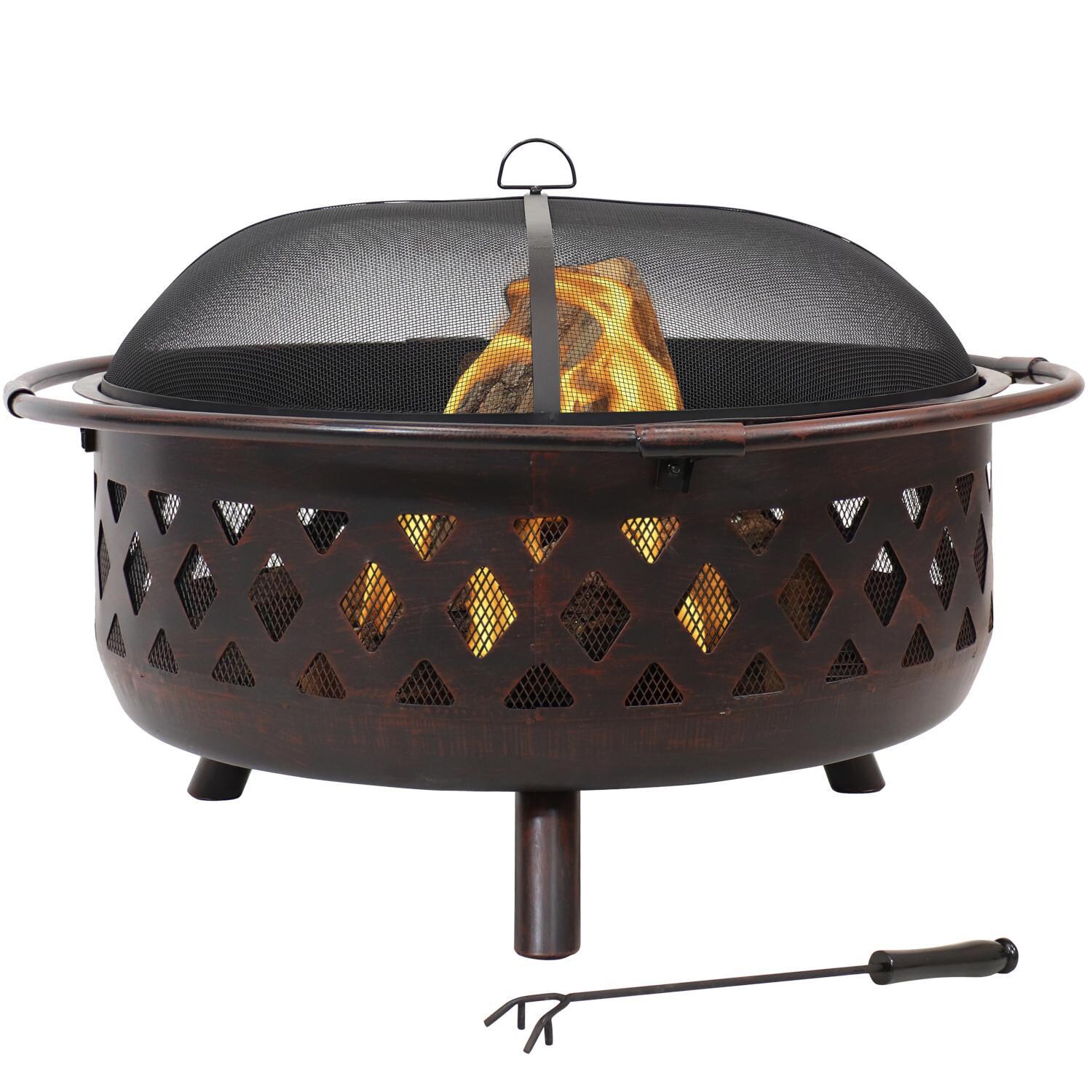 Ultimate Patio 36-Inch Crossweave Steel Wood Burning Fire Pit - In Use thumbnail