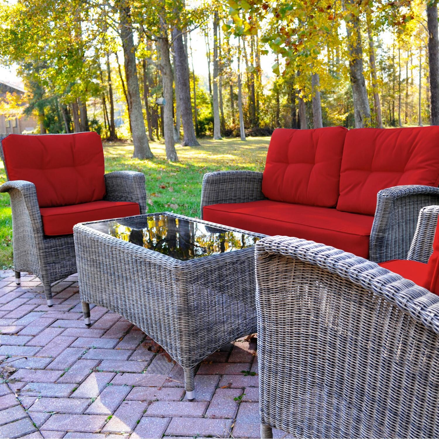 KETTLER Lakena 4 Piece Wicker Patio Conversation Set With Jockey Red