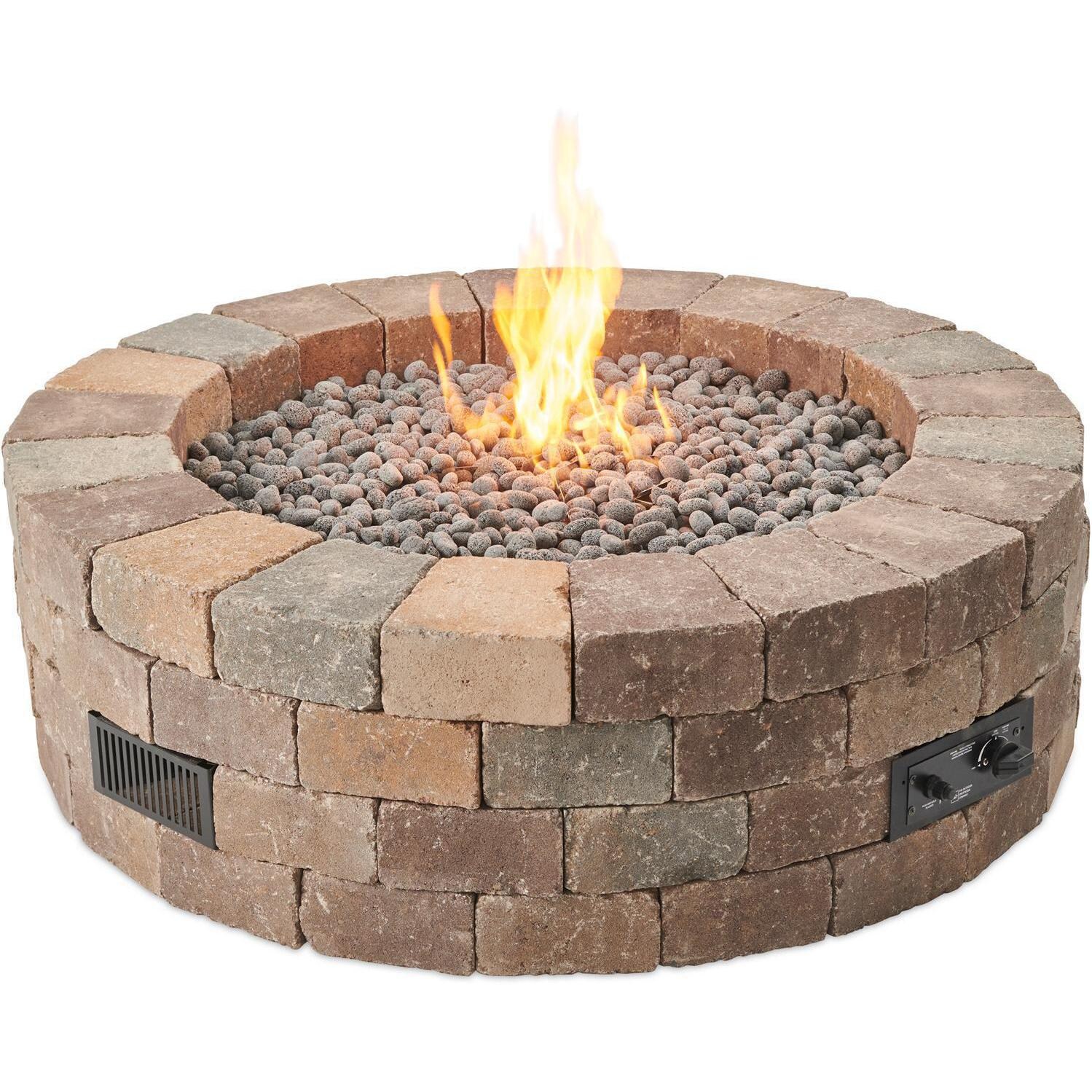 Lakeview Outdoor Designs Abbey BayBlock 52-Inch Round Natural Gas Fire Pit Kit with 42-Inch Crystal Fire Burner - Ships As Propane With Conversion Fittings - Shown With Burner Lit thumbnail