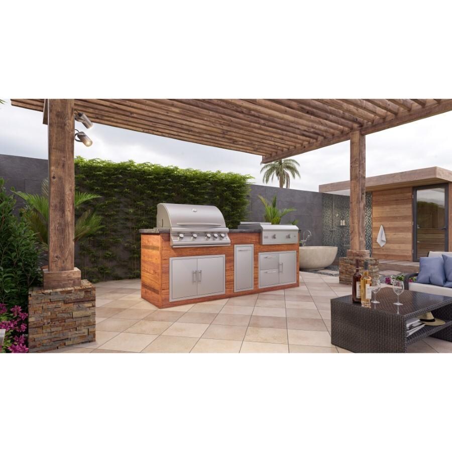 BBQGuys Signature 8ft Luxury Outdoor Island W/ Blaze Premium LTE 32-Inch Natural Gas Grill & LTE 30-Inch Natural Gas Griddle - Light National Walnut Aluminum W/ Black Polished Granite - Left -Lifestyle thumbnail