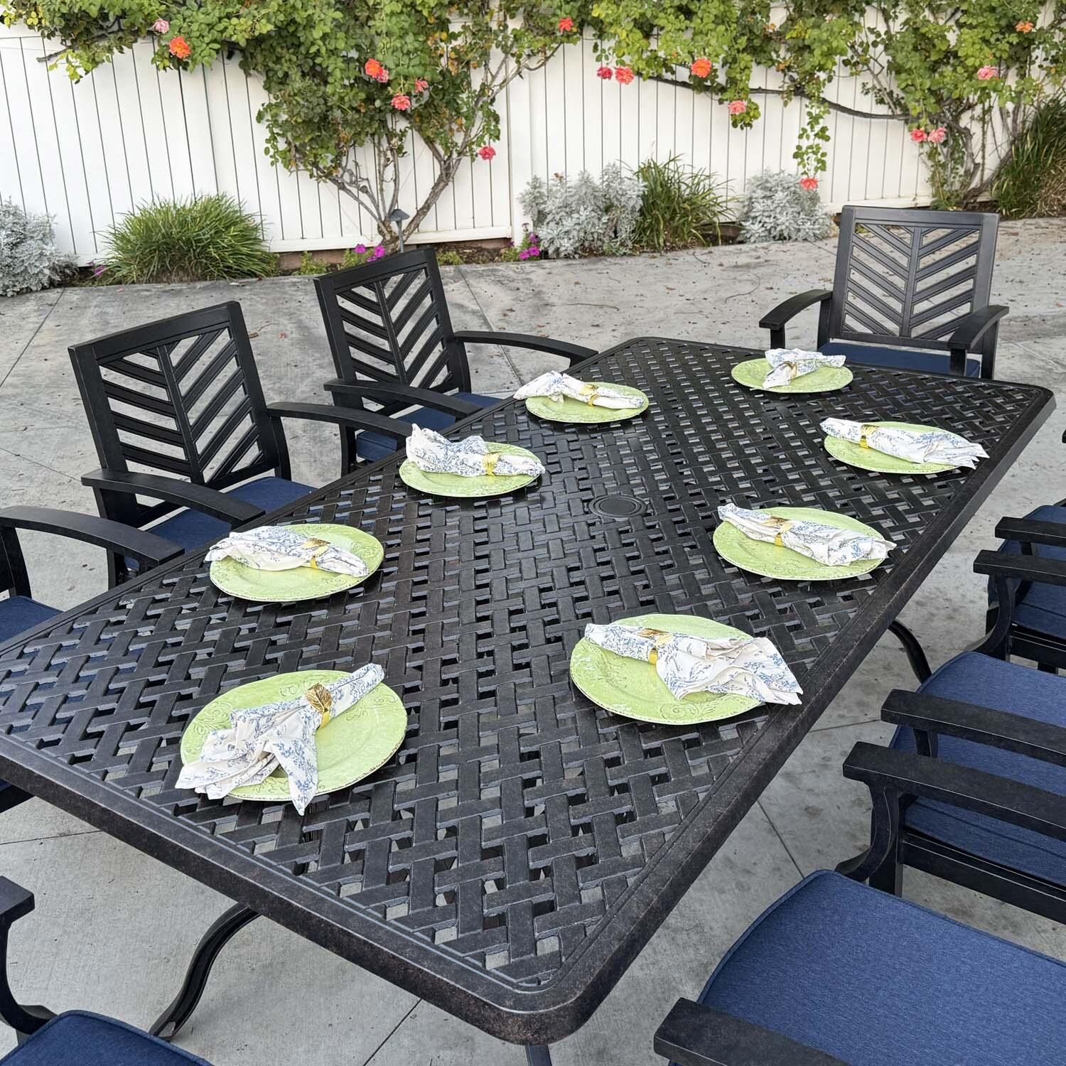 Palm Springs 9 Pc Aluminum Dining Set w/ 88" x 42" Rectangular Dining Table in Antique Bronze/Navy by Darlee - Close Up - Lifestyle thumbnail