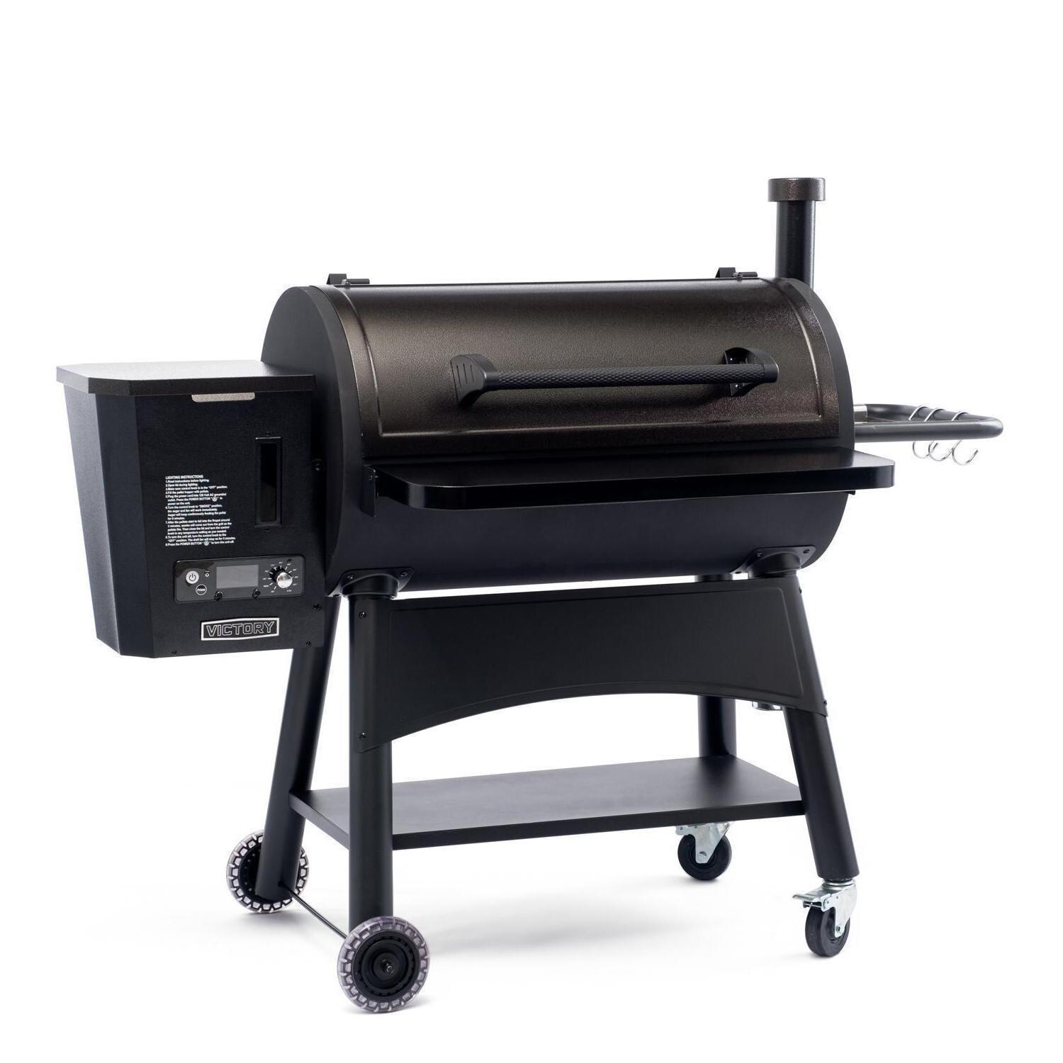 Victory BBQ-PG + BBQ-PG-CVR + BBQ-PLT20-HK + BBQ-PLT20-MQ + BBQ-PLT20-AP 35-Inch Wood Pellet Grill, Cover, & 20 Lb. Hardwood Pellets Ultimate Starter Pack - Angled View - White Background thumbnail
