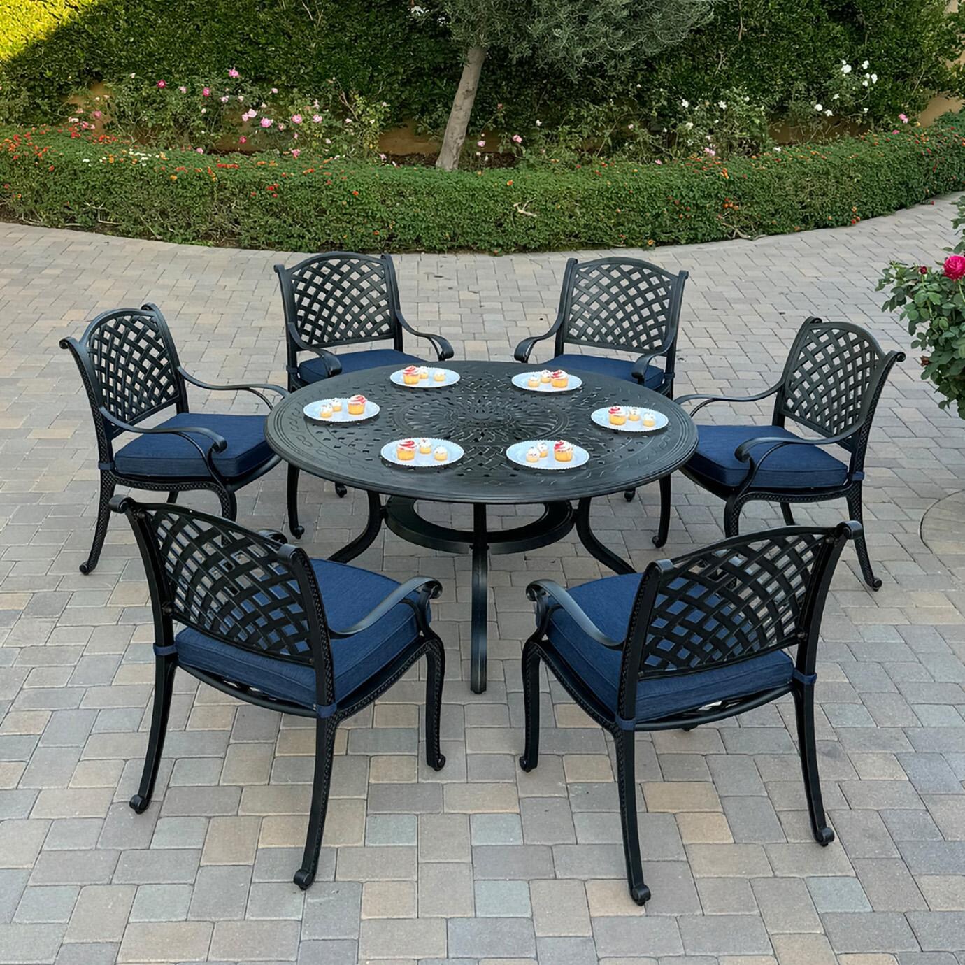 Nassau 7 Pc Cast Aluminum Dining Set in Antique Bronze w/ Navy Cushions By Darlee