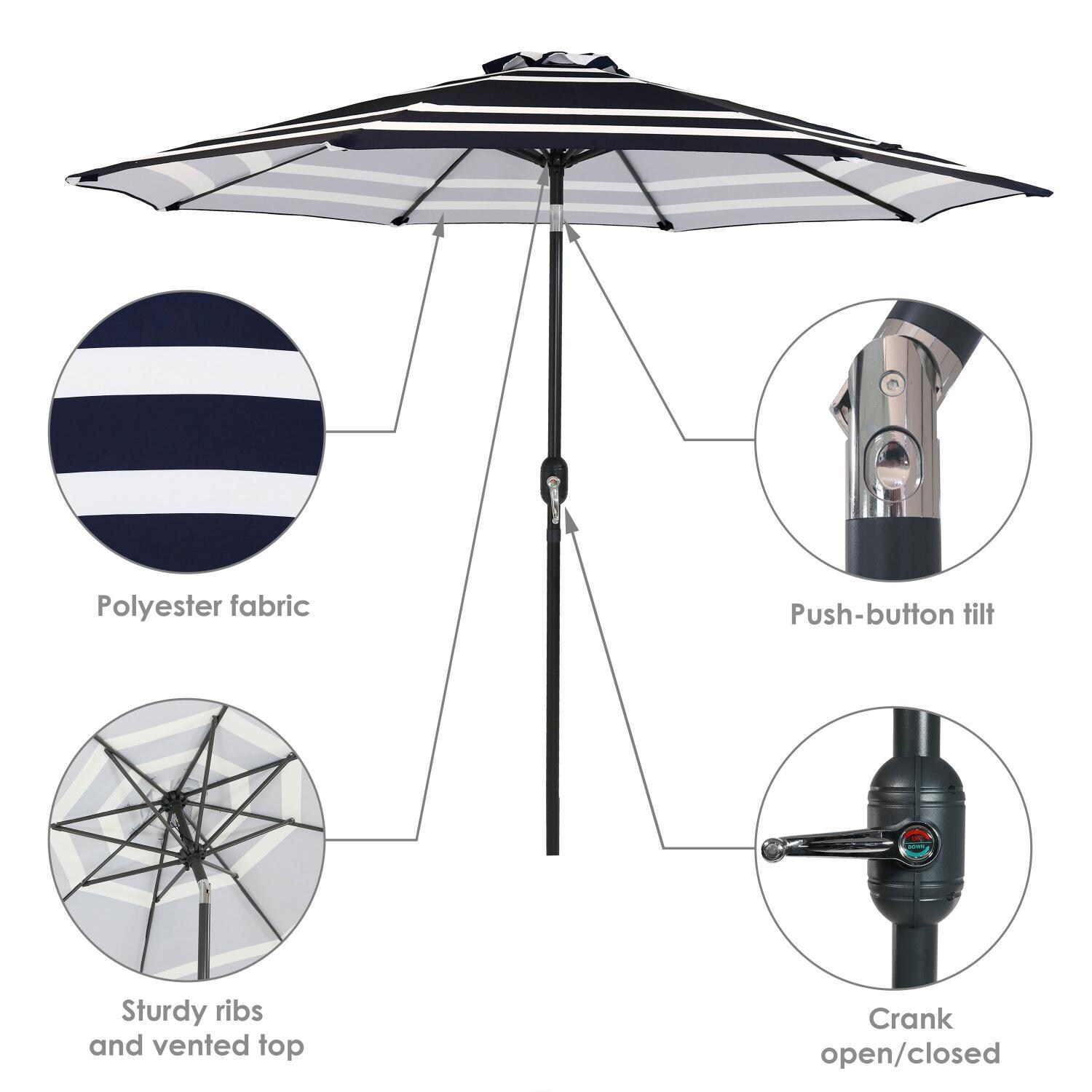 Ultimate Patio 9 Ft. Octagonal Patio Umbrella W/ Crank & Tilt - Navy Blue Stripe - Crank Lift, Push-button Tilt, Sturdy Ribs, & Polyester Fabric thumbnail