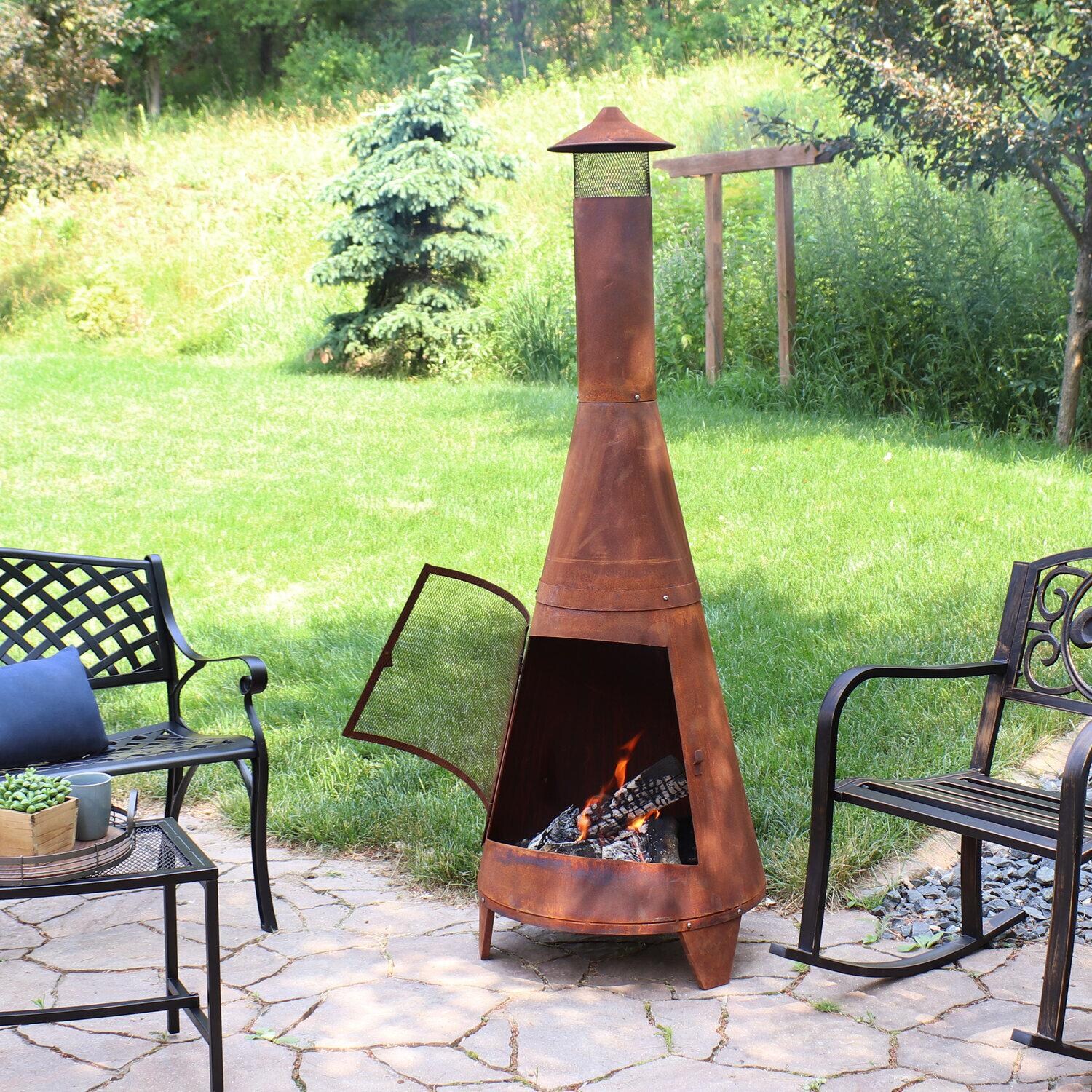 Ultimate Patio 70-Inch Rustic Steel Wood Burning Chiminea - Rust - Patio Seating Area - Lifestyle thumbnail