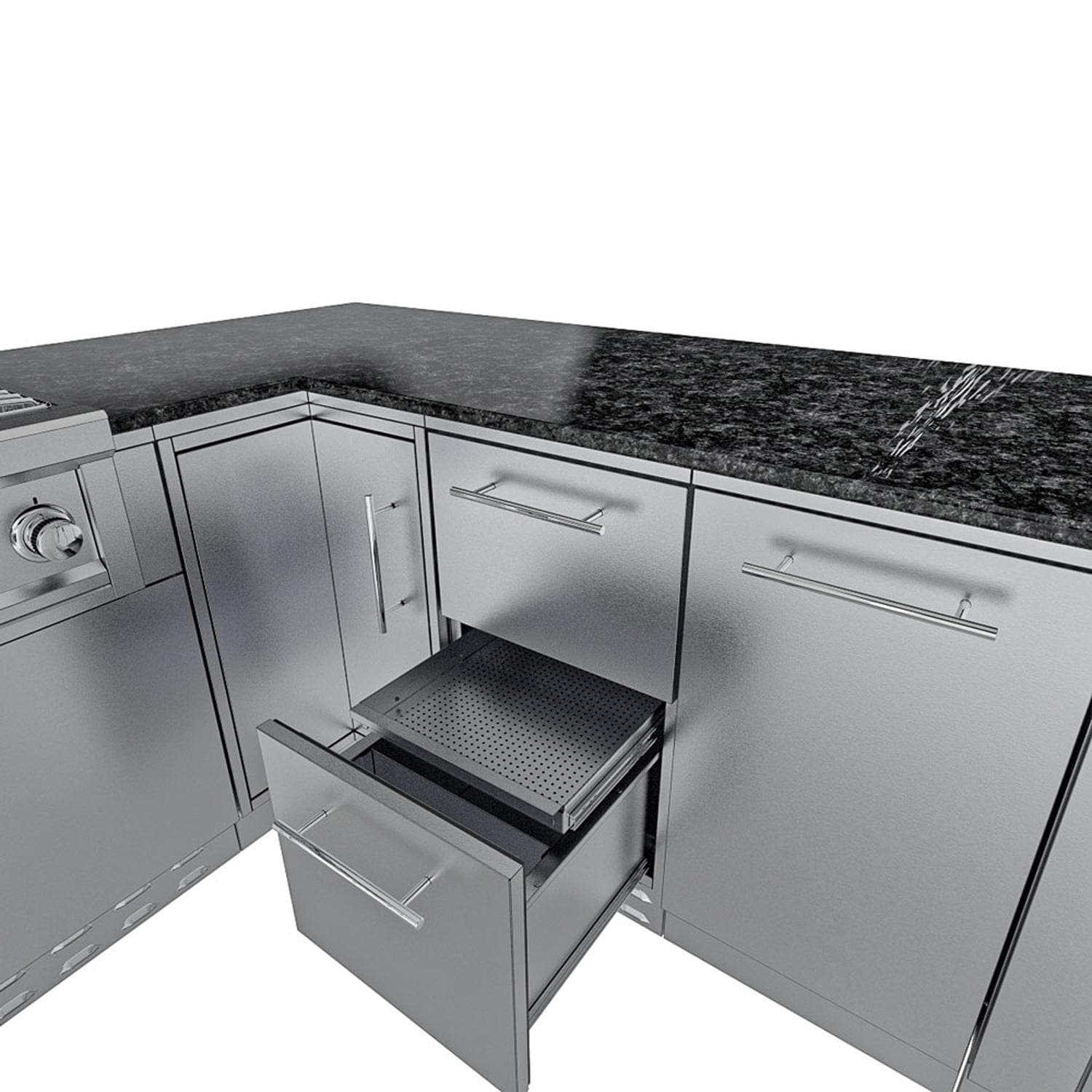 Sunstone Grills SCPRANCHER8.10BY11-LP Rancher 11 Ft Outdoor Kitchen Island w/ Propane Grill & Side Burner, Sink, Refrigerator, Trash Bin, Door & Drawer - Storage 1 - White Background thumbnail