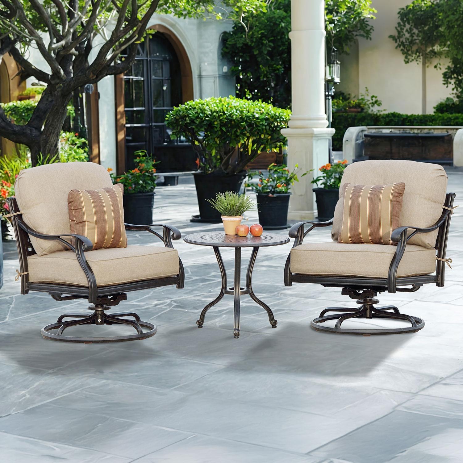 Darlee Nassau 3 Pc Cast Aluminum Seating Set w/ 24 Inch Table w/ Swivel Rockers & Throw Pillows in Antique Bronze/Beige Canvas by