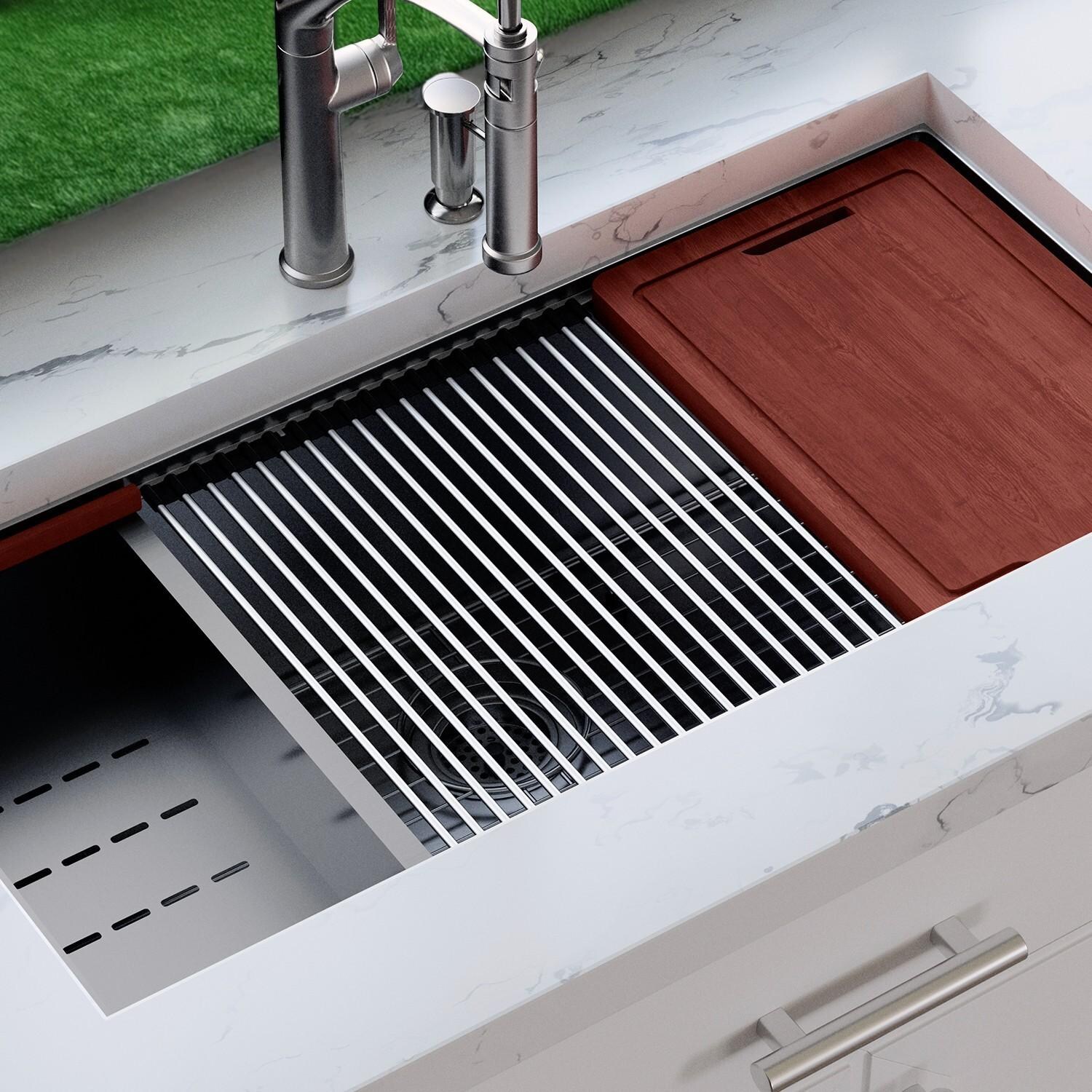 BBQGuys Signature Undermount Stainless Steel Double Bowl 36-Inch Workstation Sink W/Grids, Strainers, and 3 Accessories - Lifestyle thumbnail