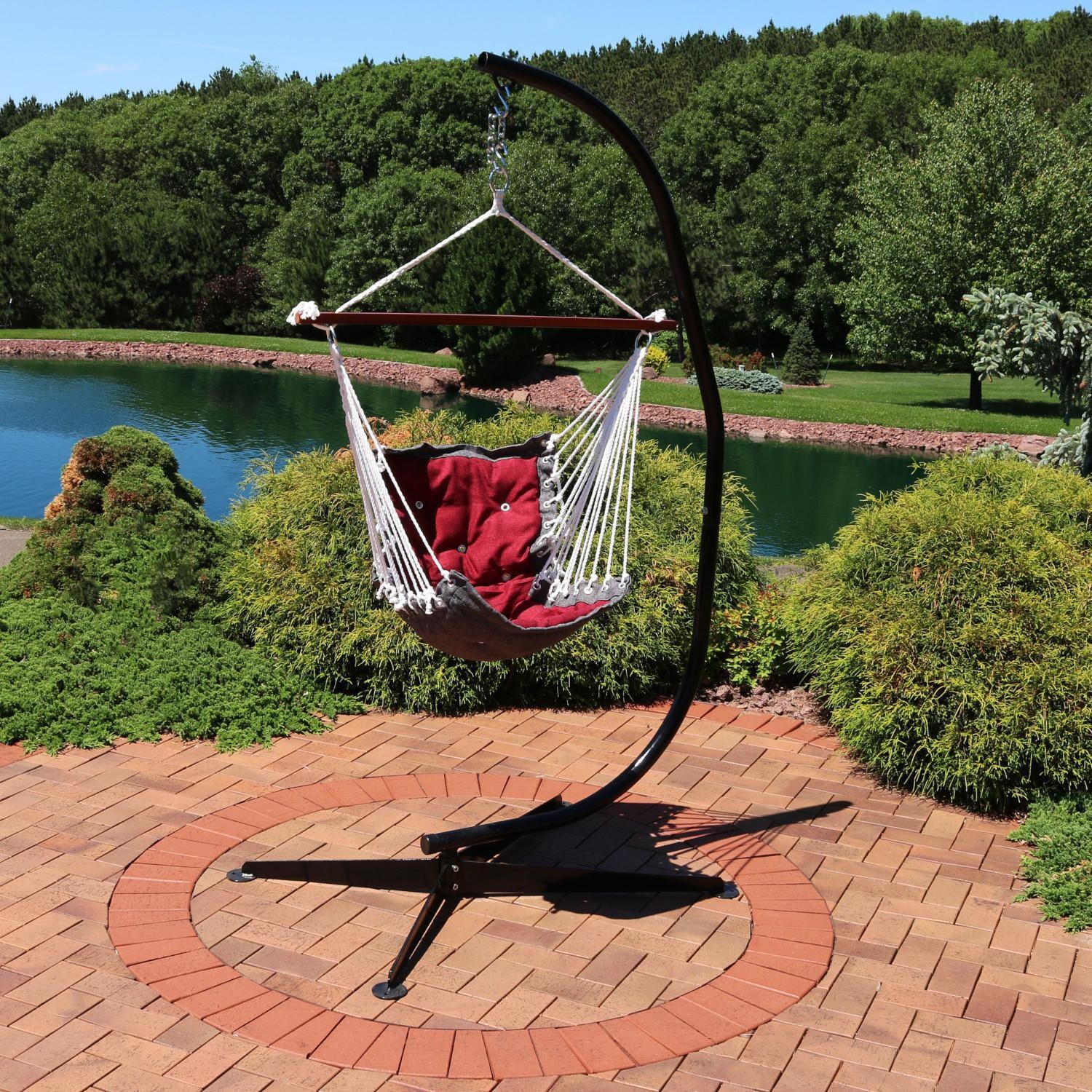 Ultimate Patio Tufted Victorian Hanging Hammock Swing w/ C-Stand - Red - Lifestyle thumbnail