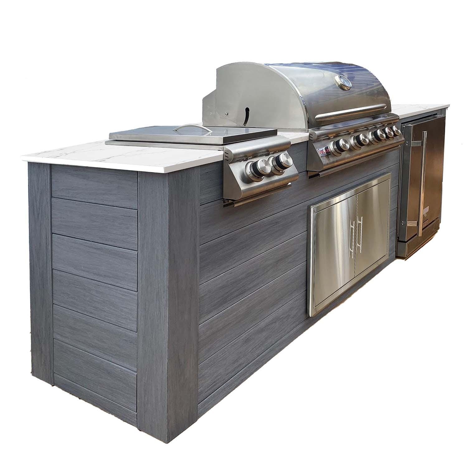 Pro-Fit 8-Foot Outdoor Kitchen Island W/ BLZ-4LTE2-LP Blaze Premium LTE 32-Inch Propane Gas Grill, Double Side Burner & Refrigerator - Driftwood Grey / Bianco Giulia A Satin - Left - White Background thumbnail