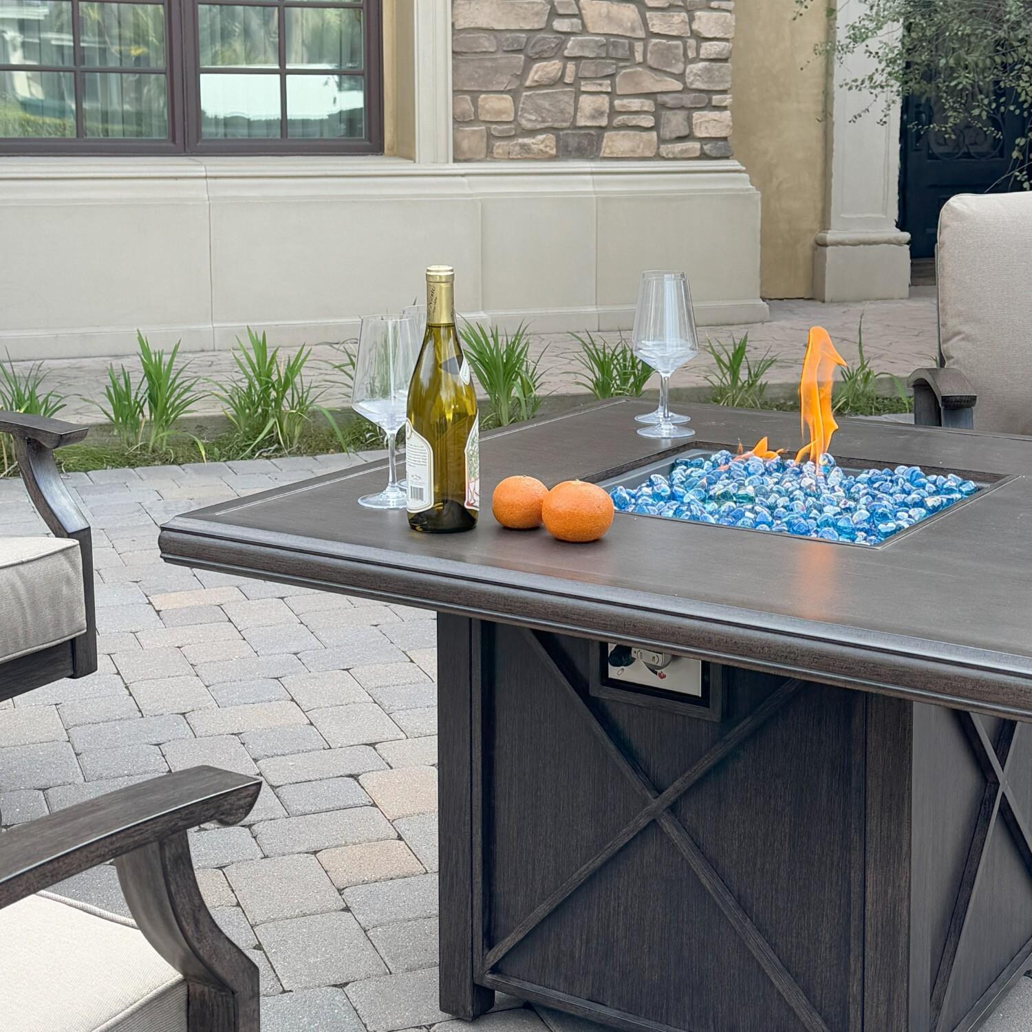 Atlantis 5 Pc Aluminum Fire Pit Seating Set w/ 4 Swivel Rocker Club Chairs in Walnut/Beige by Darlee - Table Close-up - Lifestyle thumbnail