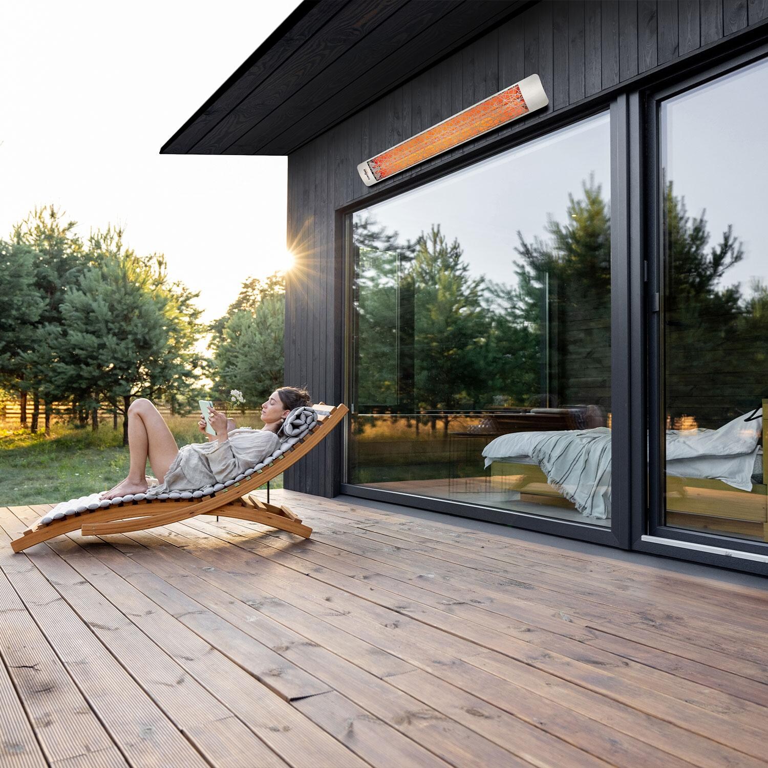 Eurofase EF40240S4 Astra Series 39-Inch 4000 Watt Dual Element 240V Electric Infrared Patio Heater - Stainless Steel - Relaxing in Back Patio - Shown in White - Lifestyle thumbnail