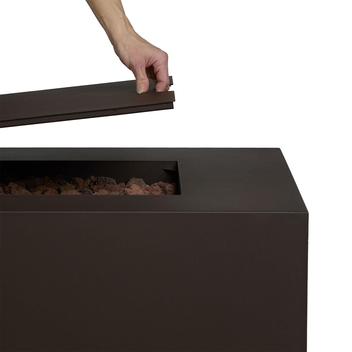 Elysian 70-in Rectangular Steel Propane Fire Pit Table in Dark Bronze by Lakeview Outdoor Designs - Easy Drop-In Lid - Detail thumbnail