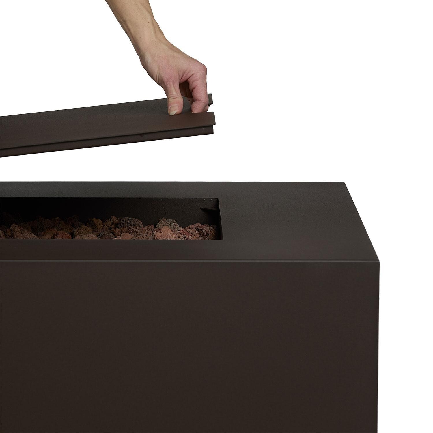 Elysian 70-in Rectangular Steel Propane Fire Pit Table in Dark Bronze by Lakeview Outdoor Designs - Easy Drop-In Lid - Detail thumbnail