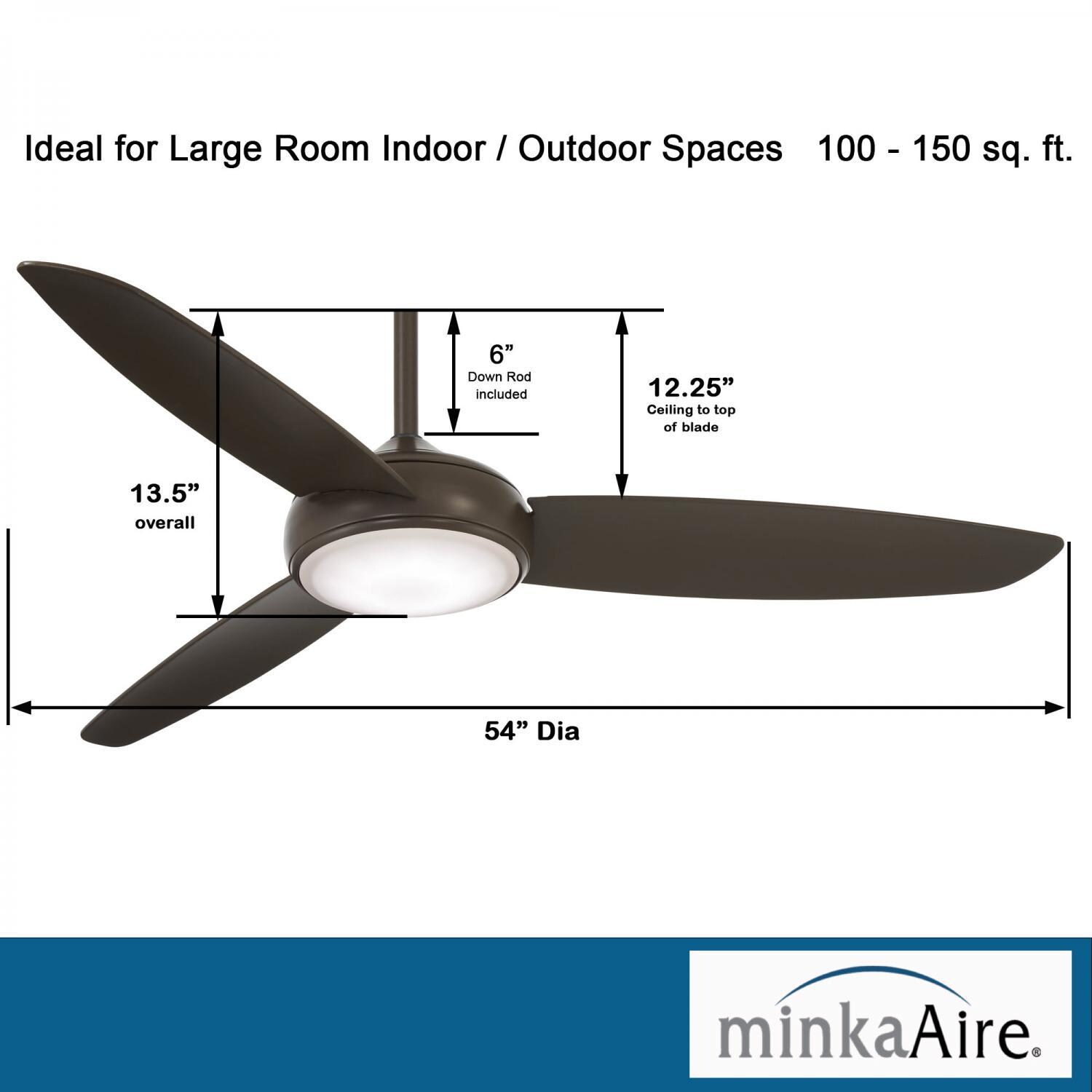 Minka-Aire F465L-ORB Concept IV 54-Inch 3-Blade LED Smart Ceiling Fan in Oil Rubbed Bronze Finish w/ Oil Rubbed Bronze Blades & Etched Opal Glass - Dimensions thumbnail