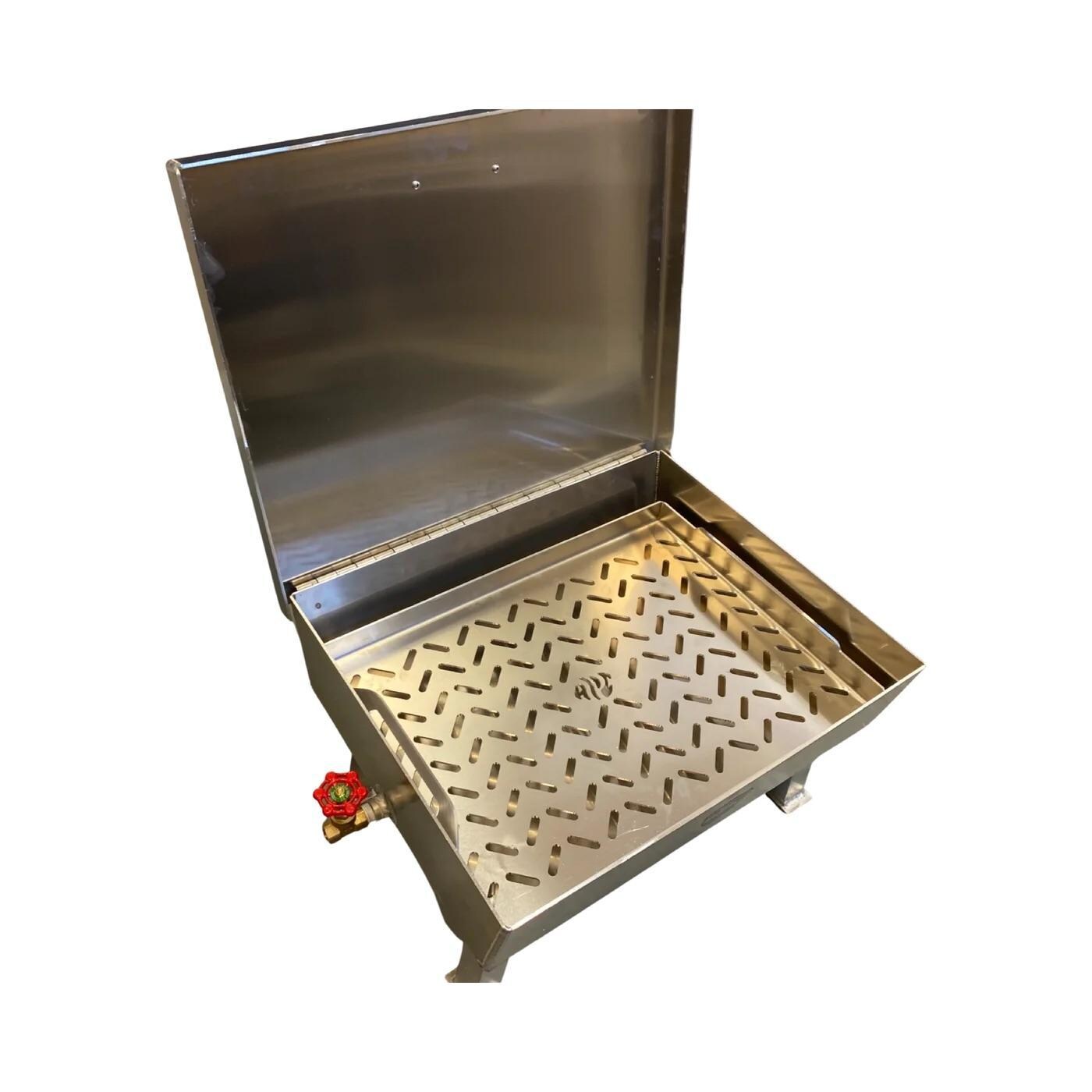 High Performance Cookers PWRS-28 28 Quart Powered Rack Steamer - Open With Steamer Tray- White Background thumbnail