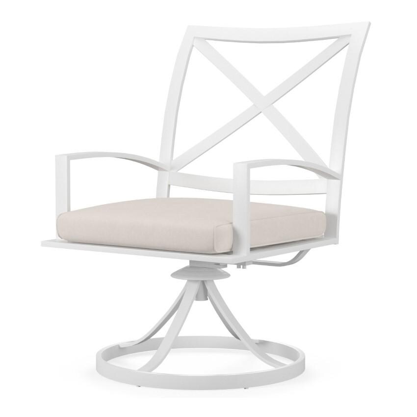 Bristol Aluminum Swivel Dining Arm Chair w/ Self Welt in White/Canvas Natural by Sunset West